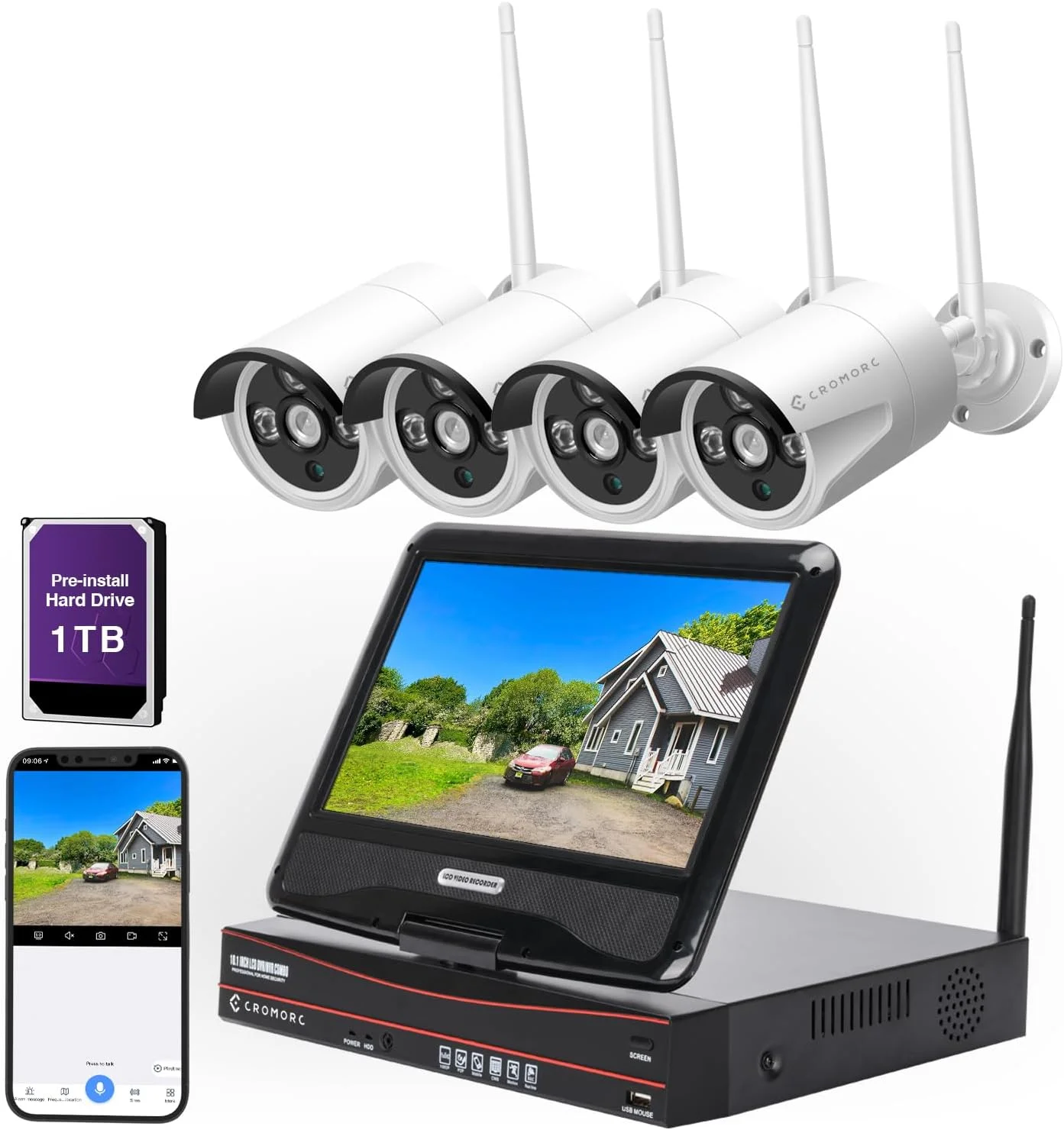 سیستم دوربین مداربسته بی سیم همه کاره با مانیتور، دوربین مداربسته وای فای خانگی 4 کانال 1080P NVR Kit، شامل 4 عدد دوربین بولت IP داخلی و خارجی 960P، دید در شب IR، ضد آب، Plug and Play با هارد دیسک 1 ترابایتی سیستم دوربین مداربسته بی سیم همه کاره با مانیتور، دوربین مداربسته وای فای خانگی 4 کانال 1080P NVR Kit، شامل 4 عدد دوربین بولت IP داخلی و خارجی 960P، دید در شب IR، ضد آب، Plug and Play با هارد دیسک 1 ترابایتی