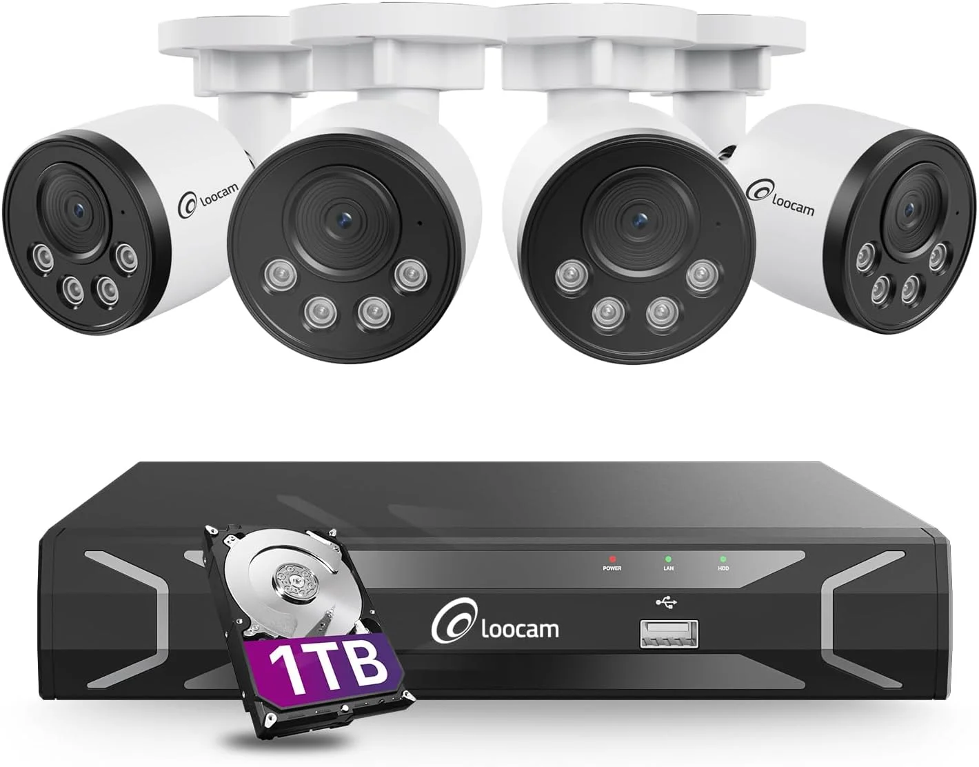 سیستم دوربین مداربسته تحت شبکه 5 مگاپیکسلی Loocam با دستگاه NVR هشت کاناله H.265+ و هارد دیسک 1 ترابایتی، سیستم دوربین مداربسته سیمی 4 مگاپیکسلی با 4 عدد دوربین، سیستم نظارتی تشخیص انسان و وسیله نقلیه با هوش مصنوعی، مناسب فضای داخلی و خارجی با قابلیت ضبط صدا، دید در شب و ضبط 24/7
