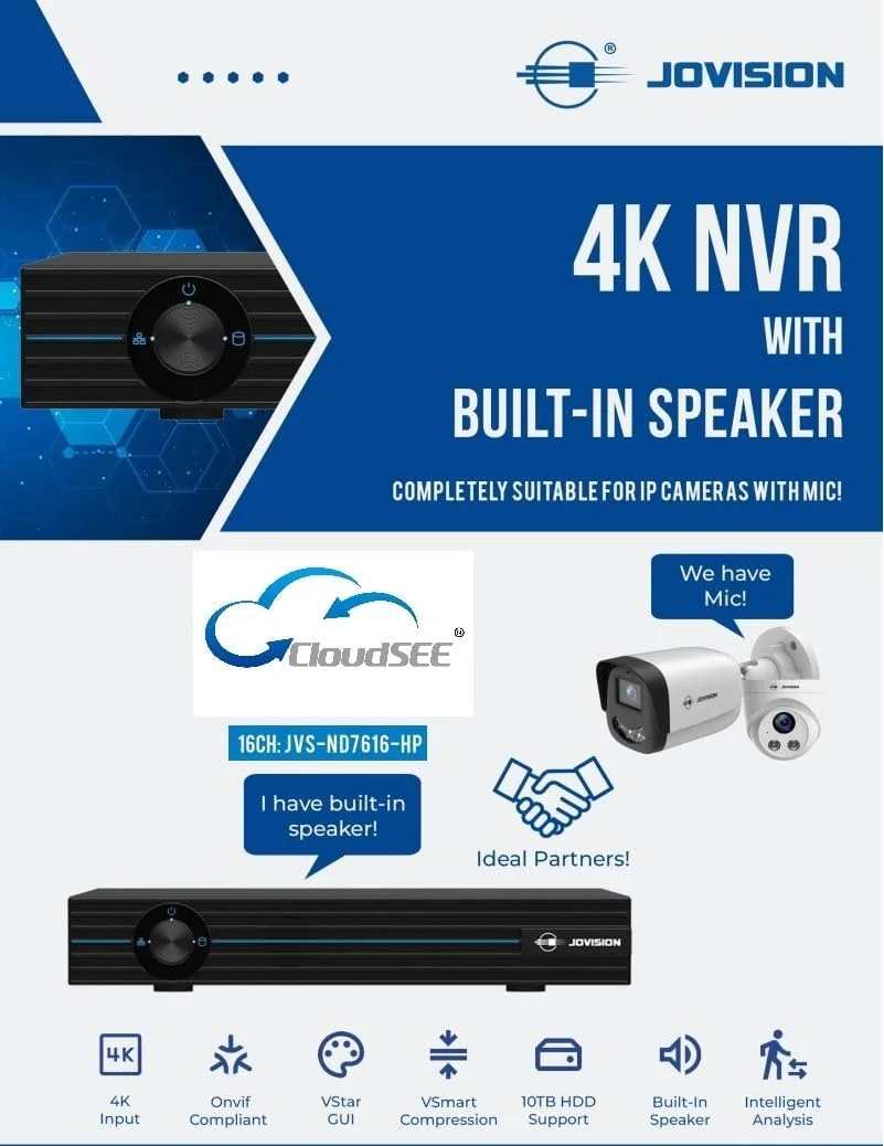دستگاه ضبط تصویر 16 کانال JOVISION JVS-ND7616-HP با فرمت H.265 / H.264 ONVIF IPC 4K / 8M NVR، دارای 1 هارد دیسک تا 10 ترابایت، خروجی رله جریان RTSP در هر کانال، ضبط هوشمند ویدیو، اپلیکیشن موبایل ابری P2P، مناسب برای دوربین های مداربسته امنیتی دستگاه ضبط تصویر 16 کانال JOVISION JVS-ND7616-HP با فرمت H.265 / H.264 ONVIF IPC 4K / 8M NVR، دارای 1 هارد دیسک تا 10 ترابایت، خروجی رله جریان RTSP در هر کانال، ضبط هوشمند ویدیو، اپلیکیشن موبایل ابری P2P، مناسب برای دوربین های مداربسته امنیتی