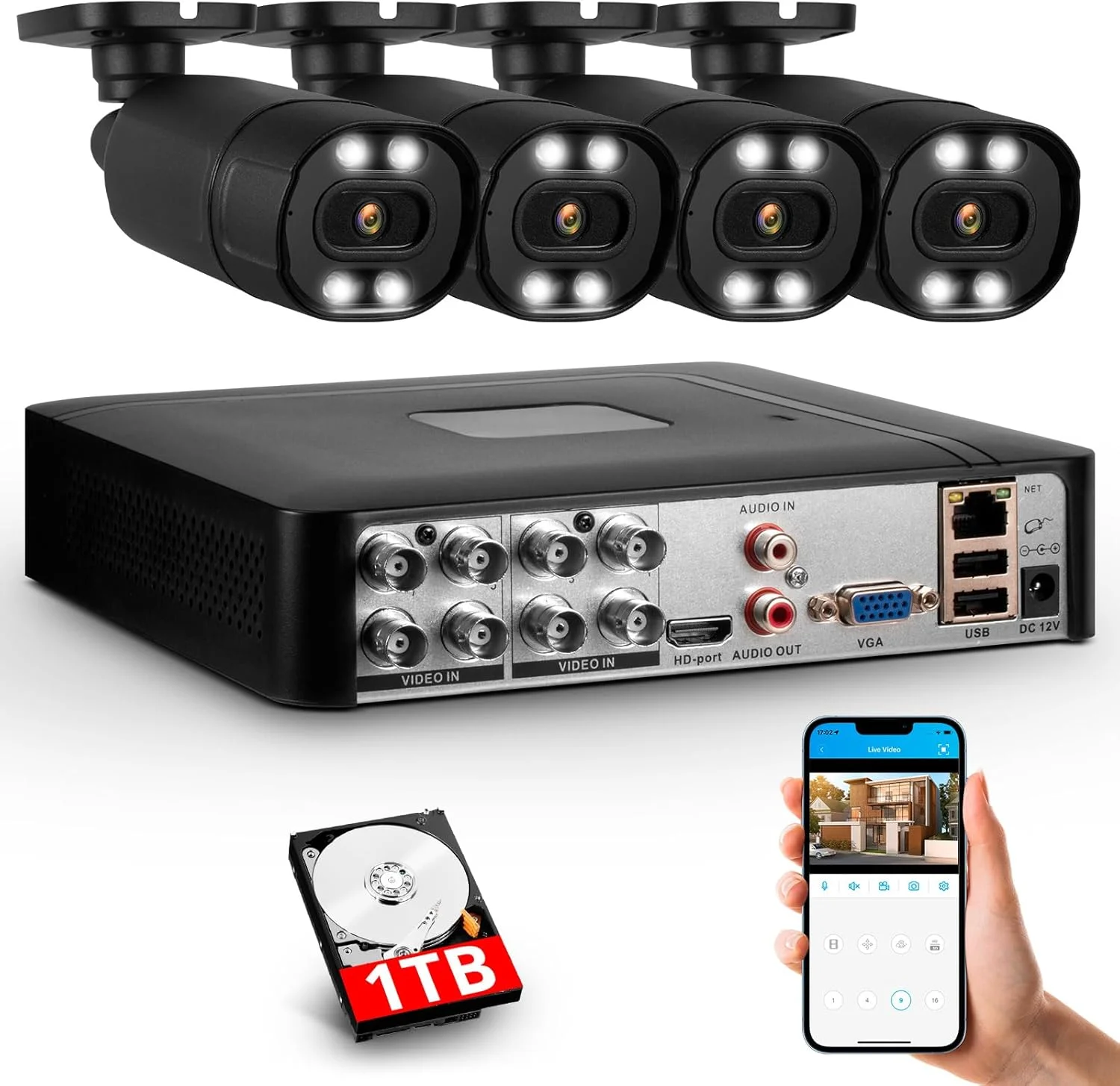دستگاه ضبط تصاویر 8 کاناله H.265+ DVR و 4 عدد دوربین مداربسته خانگی 2 مگاپیکسلی 1920TVL، سیستم دوربین امنیتی فضای باز، قابلیت های هوشمند تشخیص و بازیابی چهره، هشدار ایمیل، دسترسی از طریق اپلیکیشن موبایل و کامپیوتر، هارد دیسک 1 ترابایتی