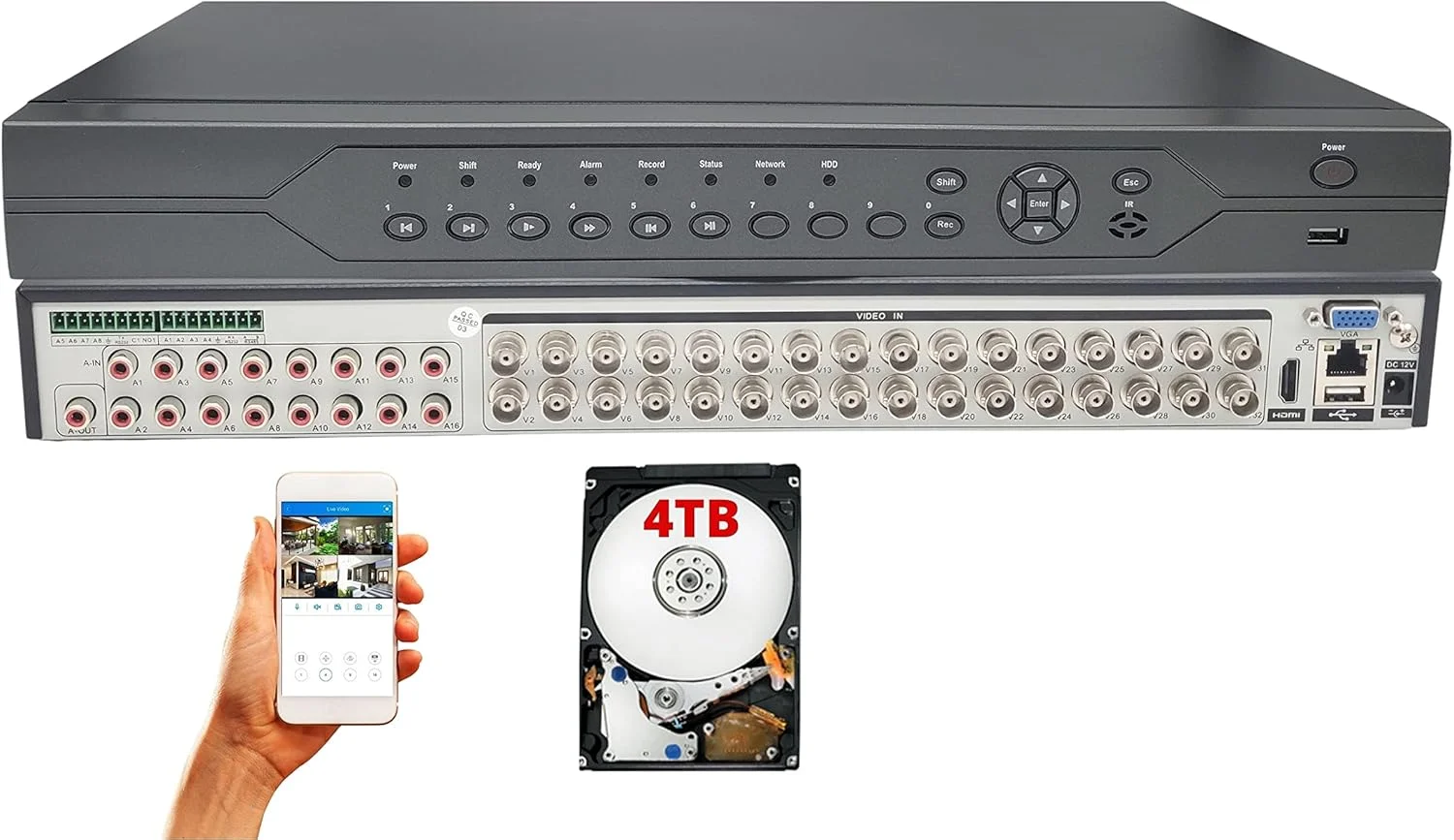 دستگاه ضبط DVR مستقل ۳۲ کاناله Evertech H.264 4-in-1 HD برای دوربین های TVI AHD CVI و آنالوگ و سیستم های نظارت امنیتی با ۴ ترابایت حافظه