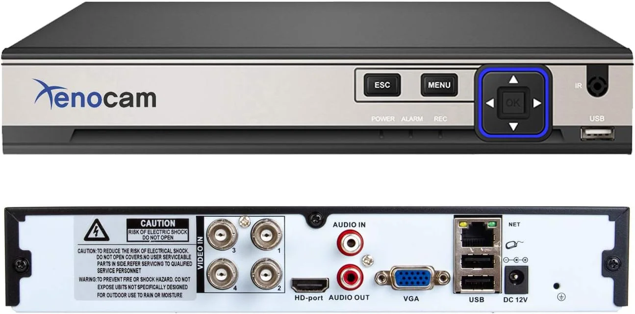 دستگاه ضبط ویدیویی دوربین مداربسته 4 کانال Xenocam با کیفیت بالا 5M-N/1080N، هیبریدی AHD/TVI/CVI/آنالوگ/Onvif IP DVR H.265، قابلیت P2P و نظارت از راه دور با تلفن برای سیستم دوربین مداربسته امنیتی منزل (بدون هارد دیسک)