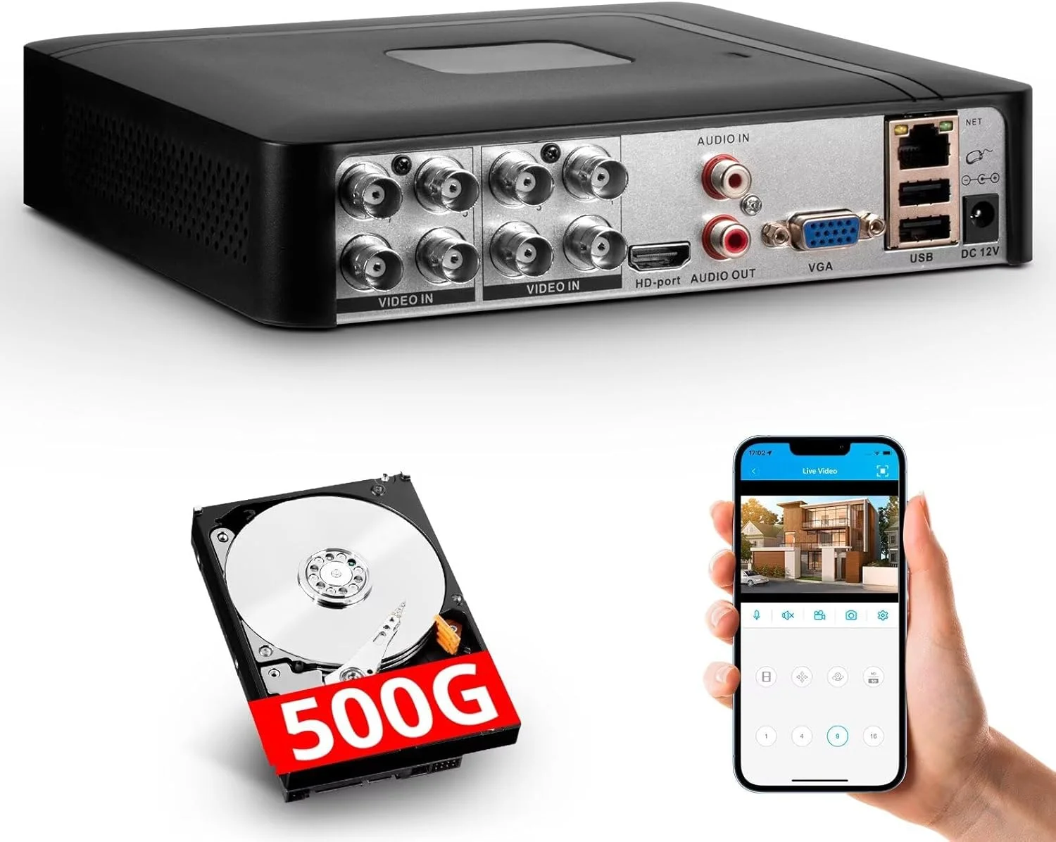 دستگاه ضبط کننده DVR امنیتی 8 کانال با هارد 500 گیگابایتی، ضبط کننده ویدیویی دیجیتال نظارتی H.265+ 8 کانال، DVR مداربسته هیبریدی 6 در 1 (TVI/AHD/CVI/XVI/CVBS/IPC) برای دوربین امنیتی، دسترسی آسان از راه دور، هشدار