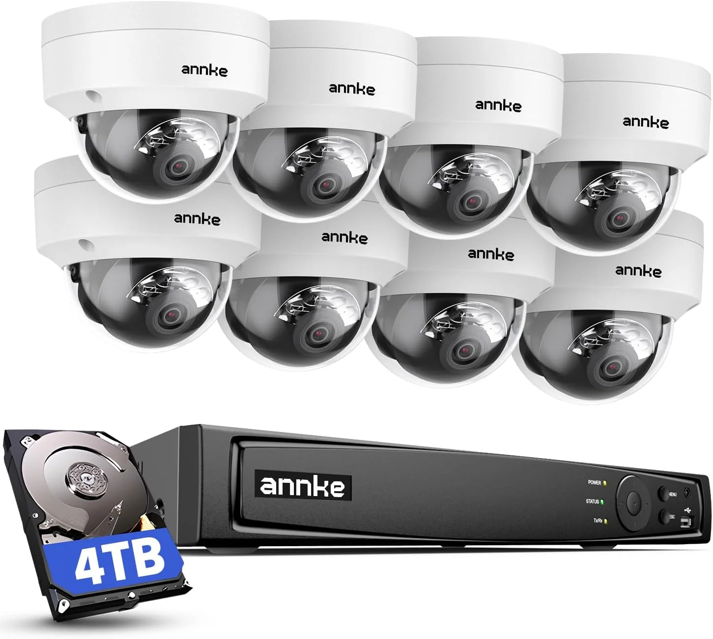 سیستم دوربین مداربسته تحت شبکه 16 کاناله 4K PoE انکی مدل H800، دستگاه ضبط NVR با رزولوشن 8 مگاپیکسل و فرمت H.265+ به همراه 8 دوربین امنیتی دام، تشخیص حرکت هوشمند، ضبط صدا، هارد دیسک 3 ترابایتی، دید در شب EXIR 2.0، استاندارد IP67 ضد آب و IK10 ضد ضربه، بدون قابلیت PTZ