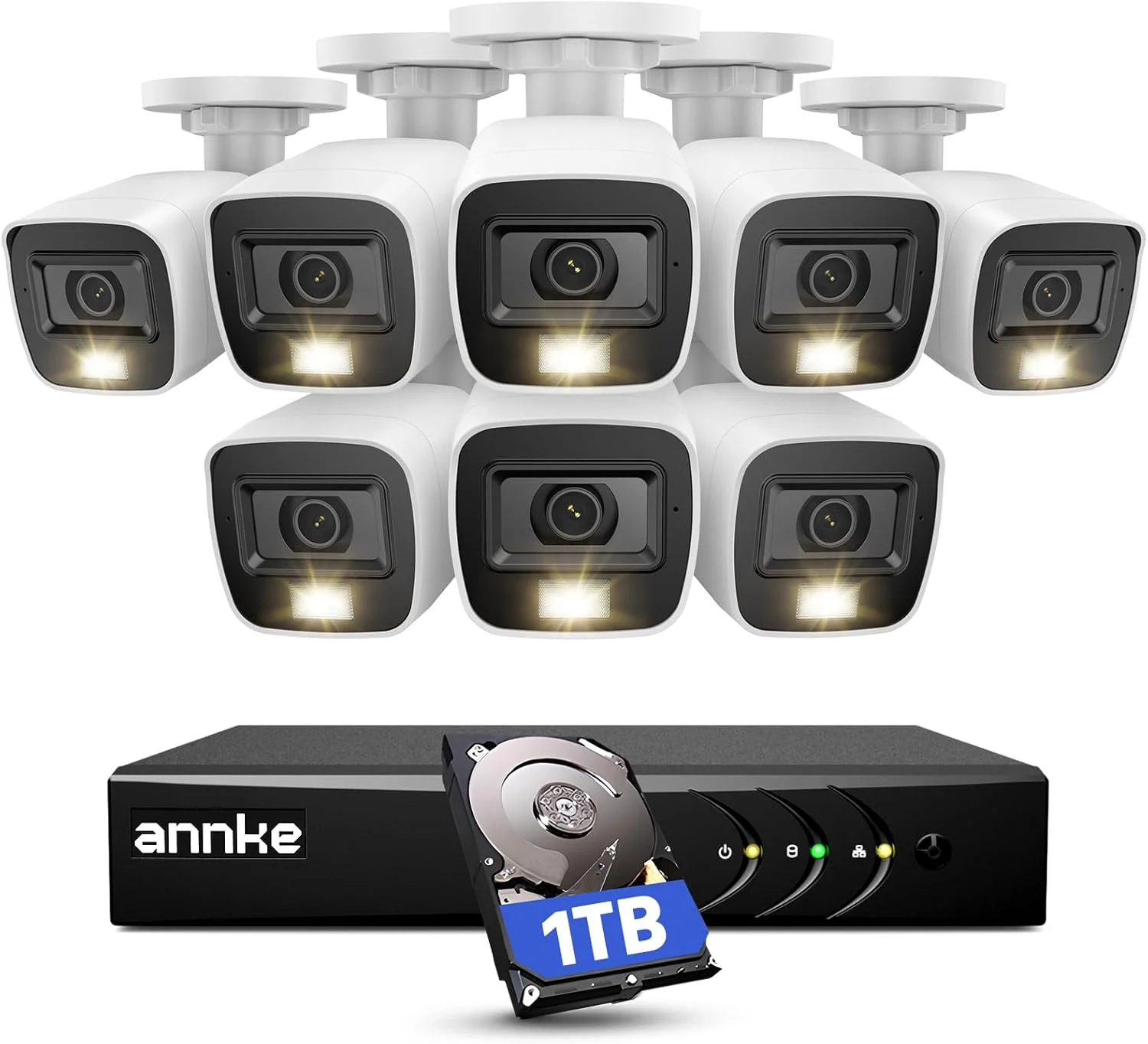 دستگاه ضبط ویدیویی هوش مصنوعی ANNKE 8CH 3K Lite با قابلیت تشخیص انسان و وسیله نقلیه، سیستم دوربین مداربسته 8 کاناله، 8 عدد دوربین بولت نظارتی 1080p مناسب فضای باز، دارای هارد دیسک 1 ترابایتی برای ضبط مداوم 24/7