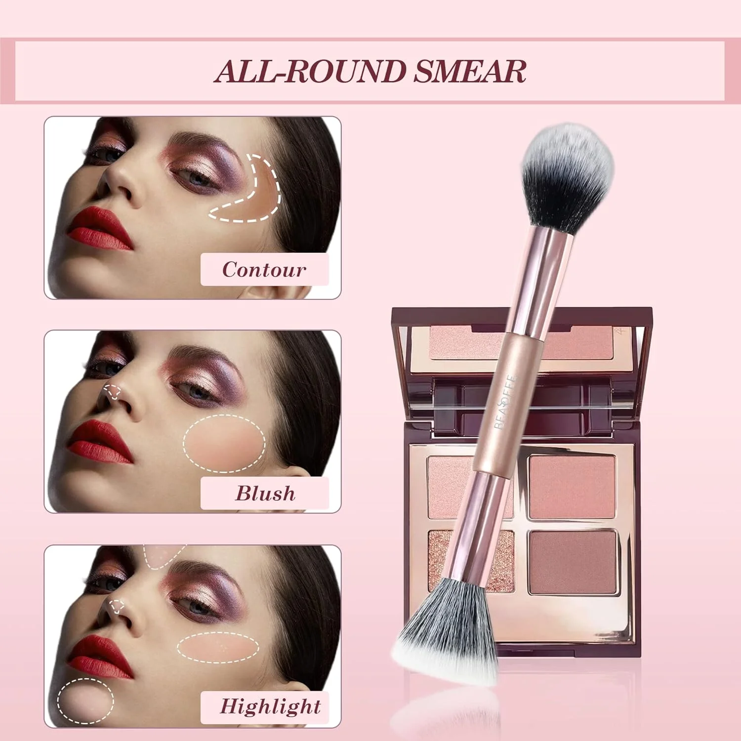 براش رژگونه BEASOFEE برای آرایش، براش آرایشی دو سر با موهای مصنوعی مناسب برای کرم پودر، پودر، هایلایتر، کرم، رژگونه و لوازم آرایشی معدنی
