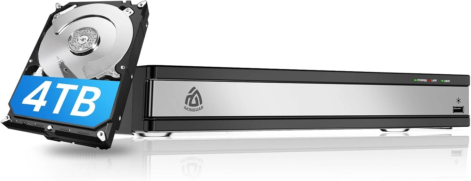 دستگاه ضبط ویدیویی تحت شبکه 16 کانال AKINGUAR 4K PoE NVR H.265+ با هارد دیسک 4 ترابایتی، سیستم ضبط ویدیویی تحت شبکه NVR برای ضبط 24/7، تشخیص انسان/وسیله نقلیه، دسترسی از راه دور
