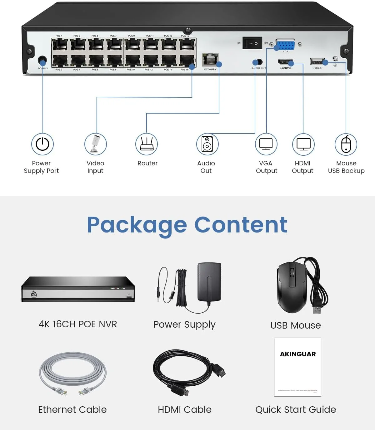 دستگاه ضبط ویدیویی تحت شبکه 16 کانال AKINGUAR 4K PoE NVR H.265+ با هارد دیسک 4 ترابایتی، سیستم ضبط ویدیویی تحت شبکه NVR برای ضبط 24/7، تشخیص انسان/وسیله نقلیه، دسترسی از راه دور دستگاه ضبط ویدیویی تحت شبکه 16 کانال AKINGUAR 4K PoE NVR H.265+ با هارد دیسک 4 ترابایتی، سیستم ضبط ویدیویی تحت شبکه NVR برای ضبط 24/7، تشخیص انسان/وسیله نقلیه، دسترسی از راه دور