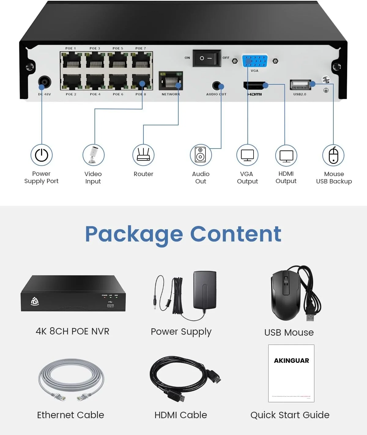 دستگاه ضبط ویدیویی تحت شبکه ۸ کانال AKINGUAR 4K PoE NVR CCTV با هارد ۲ ترابایتی، تشخیص هوشمند انسان/خودرو، پشتیبانی از دوربین های PoE با کیفیت 4K/5MP/4MP/3MP/2MP HD و ضبط ۲۴ ساعته دستگاه ضبط ویدیویی تحت شبکه ۸ کانال AKINGUAR 4K PoE NVR CCTV با هارد ۲ ترابایتی، تشخیص هوشمند انسان/خودرو، پشتیبانی از دوربین های PoE با کیفیت 4K/5MP/4MP/3MP/2MP HD و ضبط ۲۴ ساعته