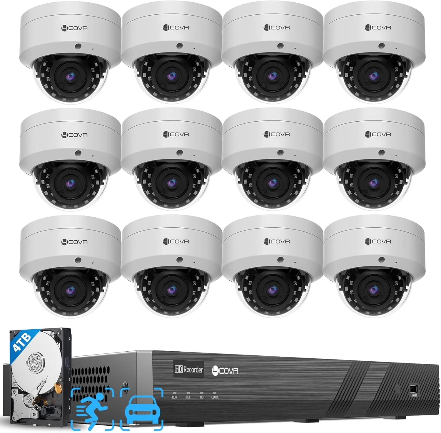 سیستم دوربین مداربسته تحت شبکه 16 کانال 4K PoE فور کاور، تشخیص انسان/خودرو، 12 عدد دوربین دام IP تجاری 8 مگاپیکسلی ضد خرابکاری IK10، استاندارد IP67، دستگاه NVR شانزده کانال 4K با هارد 4 ترابایتی، نظارت تجاری در فضای باز، مدل LY54AX8M1612