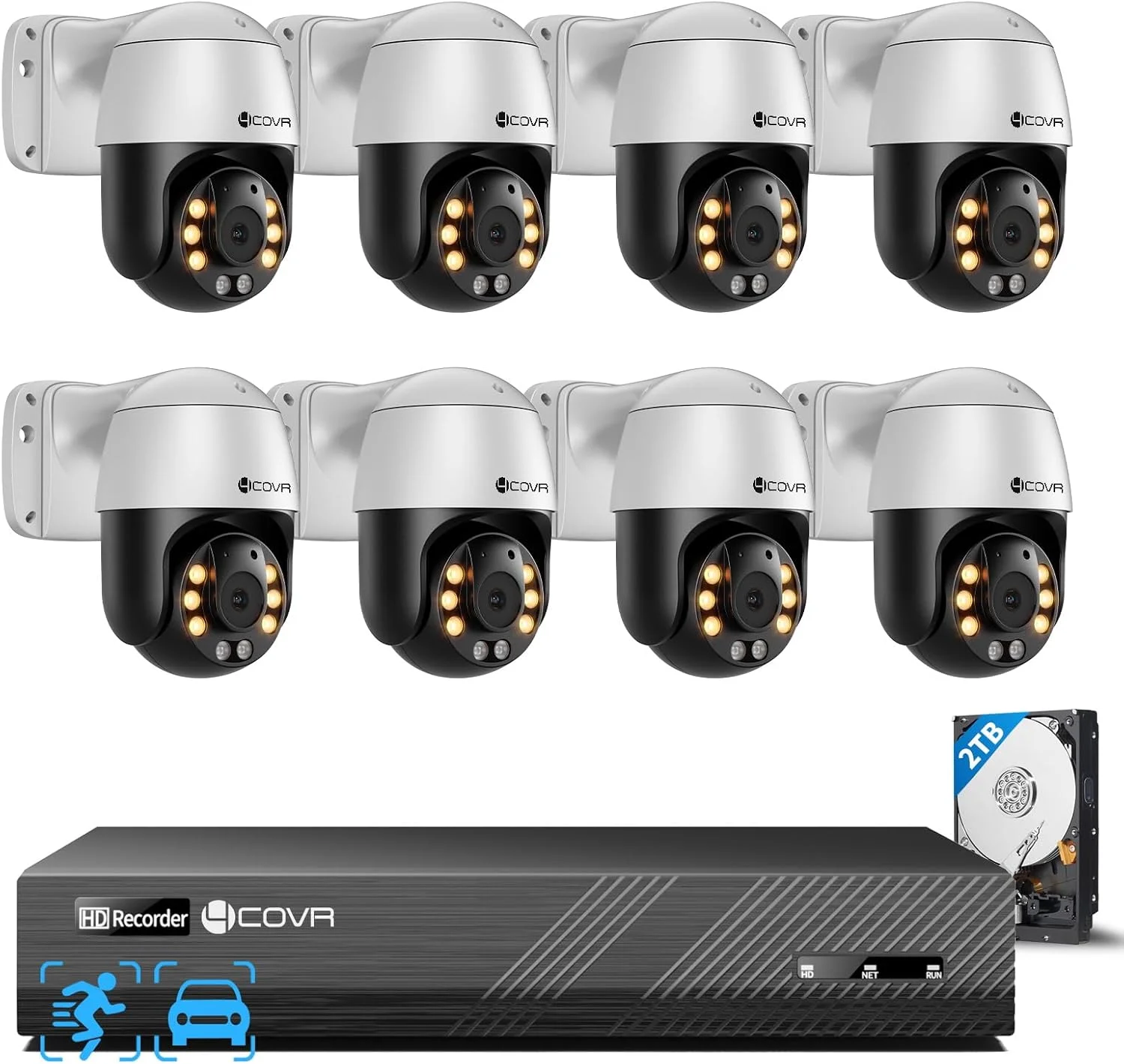 سیستم دوربین مداربسته امنیتی 4COVR PoE PTZ، شامل 8 دوربین 5 مگاپیکسلی PoE IP، دستگاه NVR 8 کاناله 4K و هارد دیسک 2 ترابایتی، چرخش 350 درجه افقی و 90 درجه عمودی، زوم دیجیتال 3X، دید در شب رنگی هوشمند، صدای دو طرفه، تشخیص هوشمند انسان و وسیله نقلیه، مدل LYM2XP5M0808