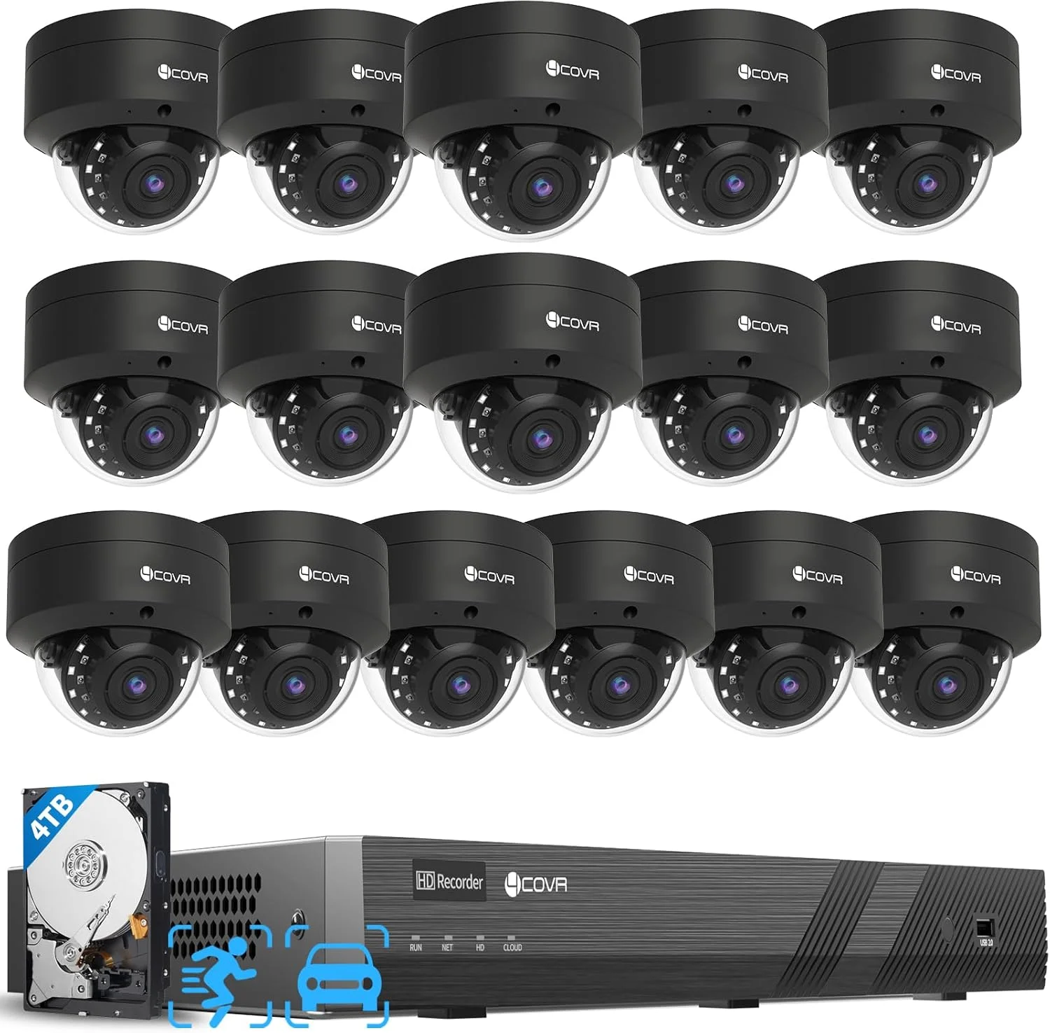 سیستم دوربین مداربسته 4COVR PoE 4K شانزده کاناله برای کسب و کار، تشخیص انسان و وسیله نقلیه، 16 عدد دوربین 8 مگاپیکسلی دام IP ضد خرابکاری IK10 و ضد آب IP67، دید در شب، NVR شانزده کاناله 4 ترابایتی، ضبط 24/7، مدل LY54AB8M1616