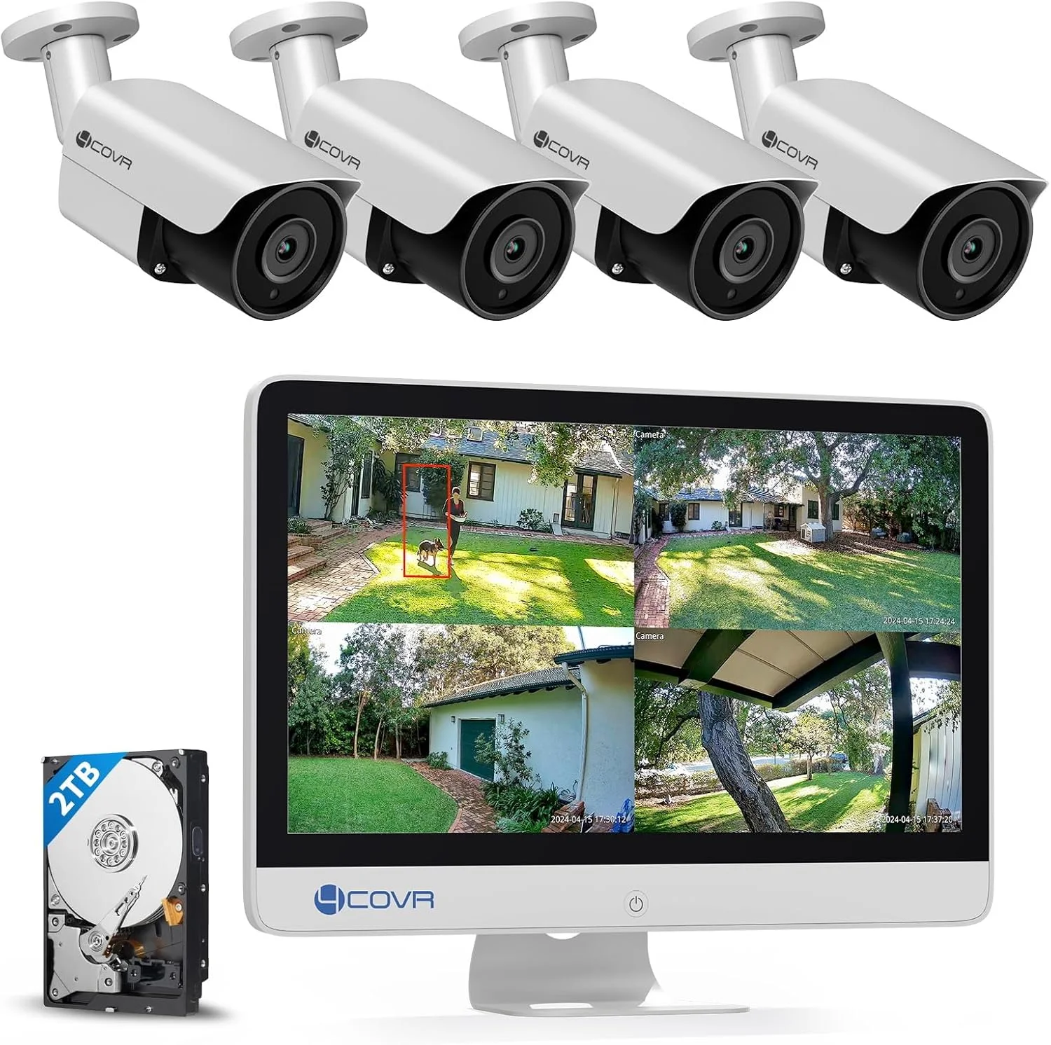 سیستم دوربین مداربسته 4K امنیتی 4COVR با مانیتور، NVR هشت کاناله 8 مگاپیکسلی H.265 UHD با مانیتور و هارد دیسک 2 ترابایتی از پیش نصب شده، 4 عدد دوربین بولت تحت شبکه PoE با سیم 8 مگاپیکسلی IR با استاندارد IP67، تشخیص شخص و وسیله نقلیه، مدل LY37EX8MU804