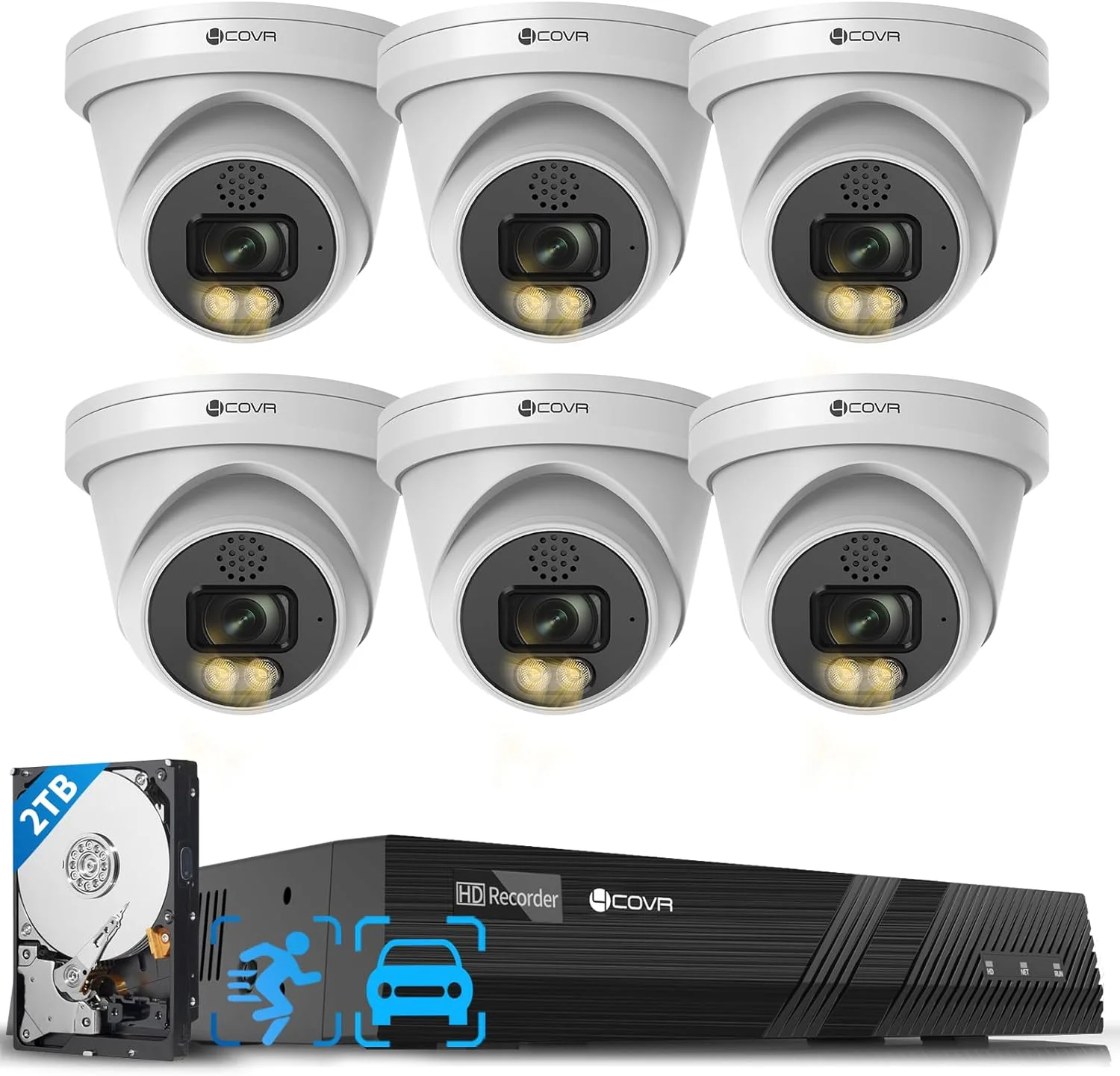 سیستم دوربین مداربسته تحت شبکه 4COVR با کیفیت 4K، دارای قابلیت مکالمه صوتی دو طرفه و دید در شب رنگی هوشمند، تشخیص هوشمند انسان/خودرو، دستگاه ضبط NVR هشت کاناله 8 مگاپیکسلی با هارد دیسک 2 ترابایتی، 6 عدد دوربین دام IP با کیفیت 8 مگاپیکسل و استاندارد IP67، ضبط 24 ساعته