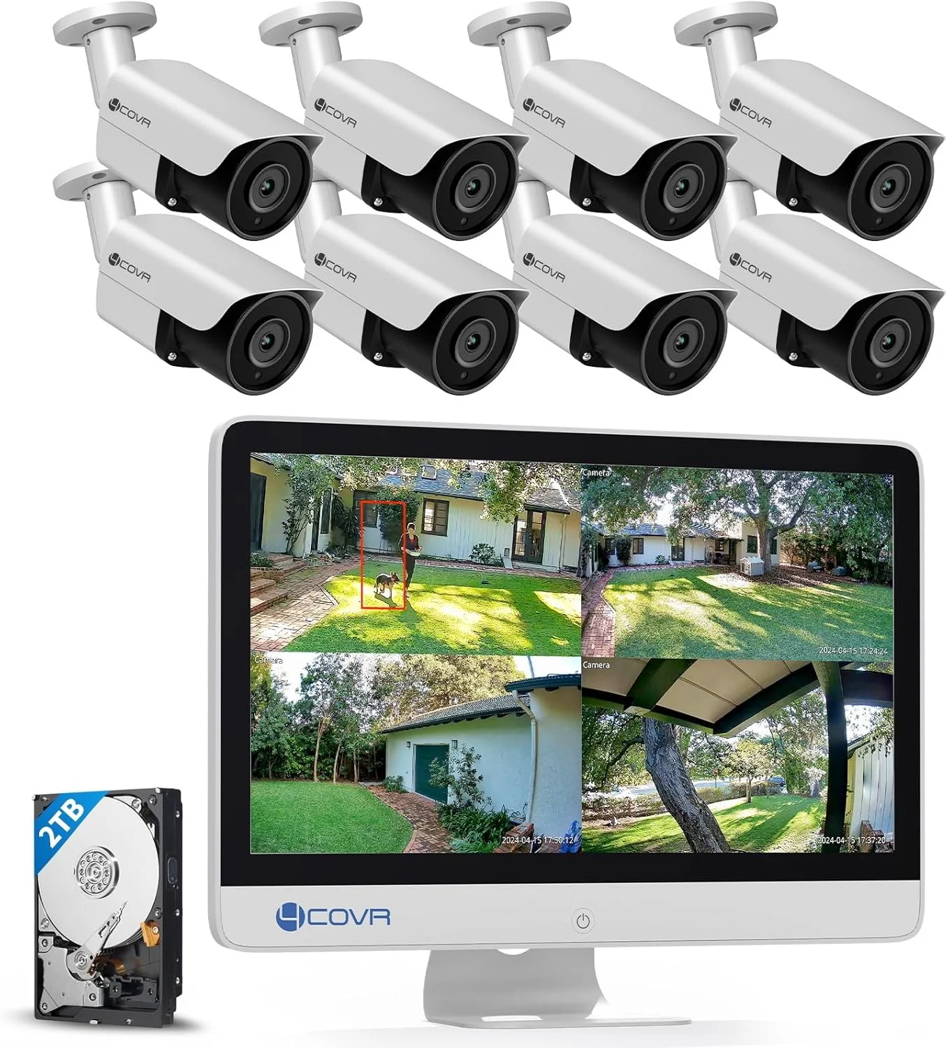سیستم دوربین مداربسته 4K هشت کانال 4COVR با مانیتور، NVR هشت کانال H.265 با هارد دیسک 2 ترابایتی، تشخیص هوشمند انسان و وسیله نقلیه، 8 عدد دوربین بولت IP67 PoE با رزولوشن 8 مگاپیکسل و دید در شب با میکروفون، ضبط 24/7، مدل LY37EX8MU808