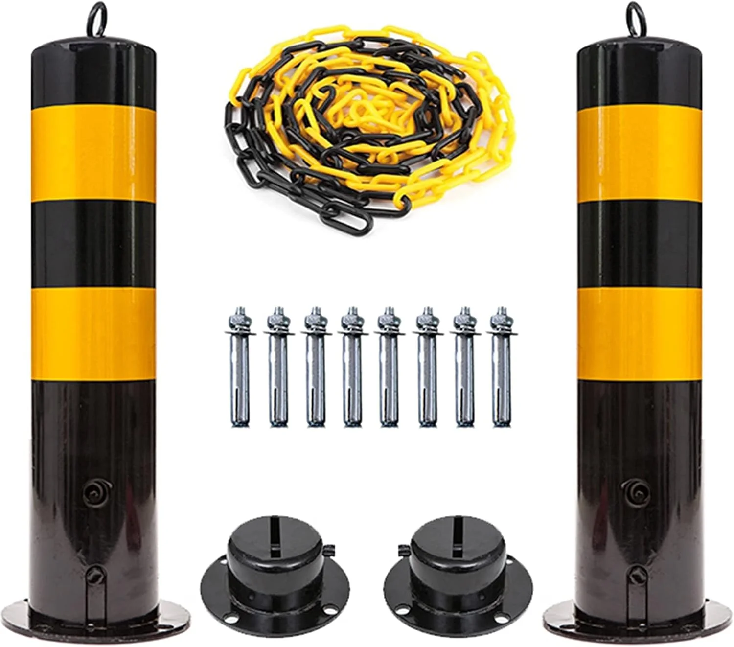 مجموعه 2 عددی میله محافظ و زنجیر حائل، میله قفل پارکینگ فلزی 5 متری و زنجیر پلاستیکی با حلقه آویز و پیچ، مشکی - 500x114 میلی متر