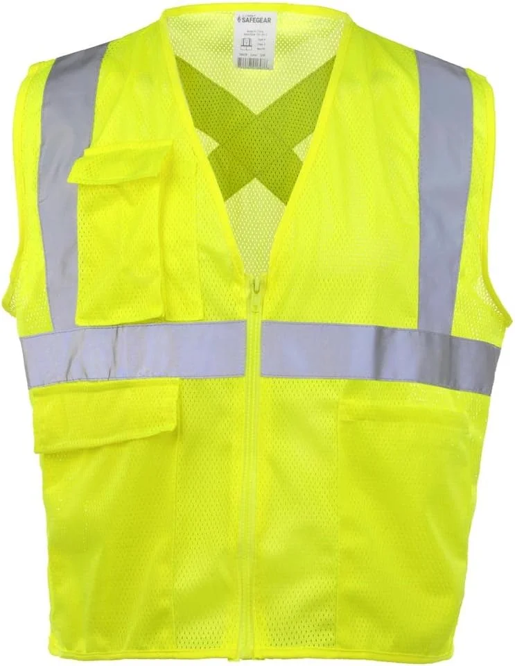 جلیقه ایمنی 5 عددی SAFEGEAR از شرکت J. J. Keller & Associates, Inc.، کلاس 2 نوع R با جیب و بست زیپی - 4XL/5XL، جلیقه توری پلی استر با دید بالا به رنگ سبز لیمویی/زرد برای مردان یا زنان