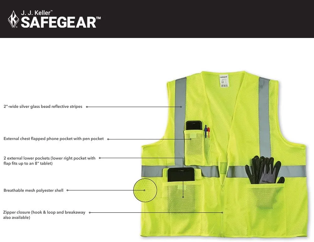 جلیقه ایمنی 5 عددی SAFEGEAR از شرکت J. J. Keller & Associates, Inc.، کلاس 2 نوع R با جیب و بست زیپی - 4XL/5XL، جلیقه توری پلی استر با دید بالا به رنگ سبز لیمویی/زرد برای مردان یا زنان جلیقه ایمنی 5 عددی SAFEGEAR از شرکت J. J. Keller & Associates, Inc.، کلاس 2 نوع R با جیب و بست زیپی - 4XL/5XL، جلیقه توری پلی استر با دید بالا به رنگ سبز لیمویی/زرد برای مردان یا زنان