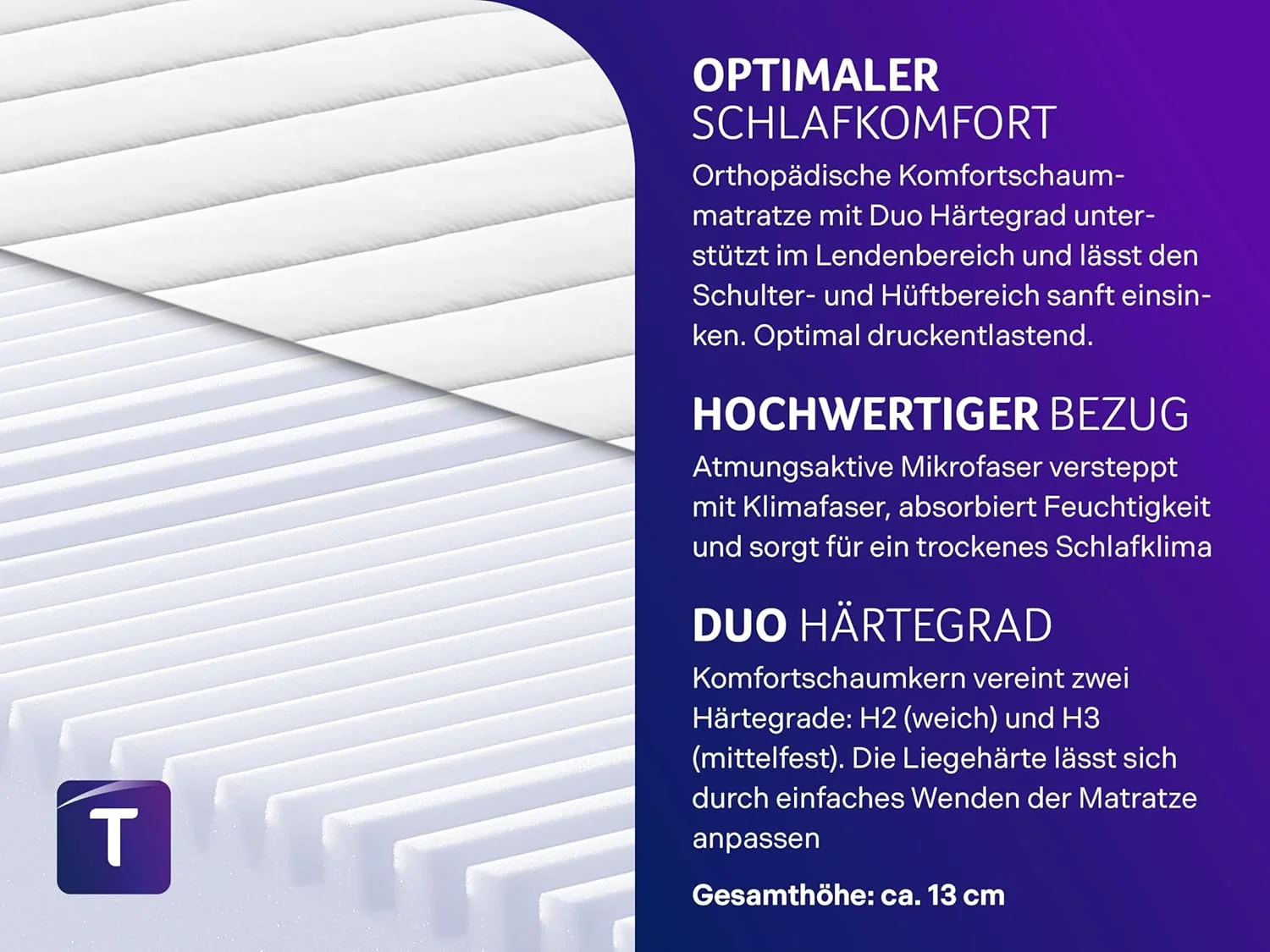 تشک فوم طبی ۷ ناحیه‌ای Traumnacht Easy Comfort 2-in-1 Duo، درجه سفتی ۲ و ۳، دارای گواهینامه Oeko-Tex، ابعاد ۸۰x۲۰۰ سانتی‌متر، ارتفاع ۱۳ سانتی‌متر، تولید شده مطابق با استاندارد کیفیت آلمان