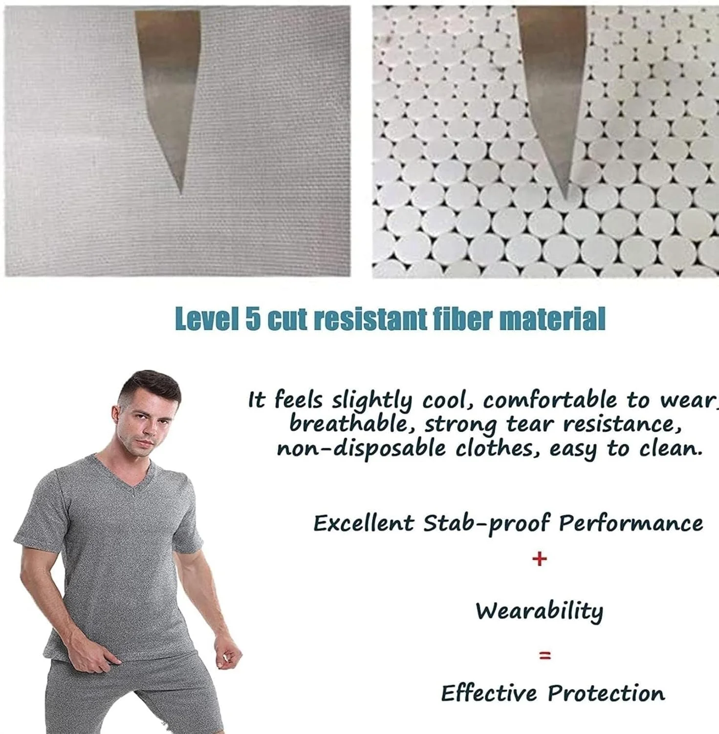 تی شرت ضد برش، جلیقه محافظ سوراخ پنهان، سطح ایمنی چاقو 5، ضد برش، لباس محافظ نامرئی بافتنی، برای محافظت از سینه و پشت