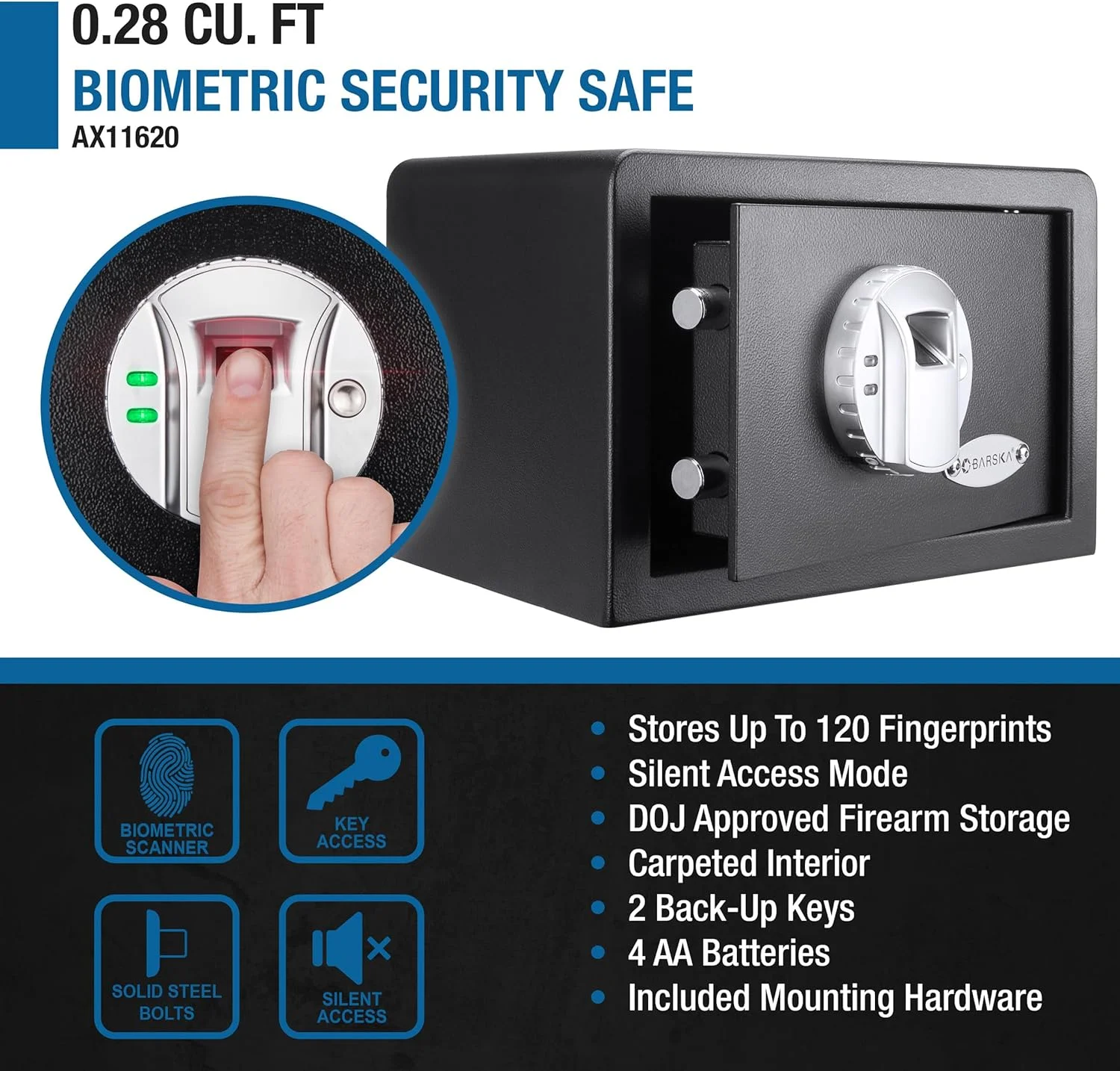 صندوق امانات کوچک اثر انگشتی بیومتریک Barska AX11620، حجم 0.29 فوت مکعب، مشکی، 30.5x20.3x19.7 سانتی متر