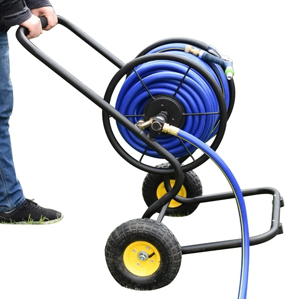 چرخ قرقره شلنگ باغ ZYCSKTL، چرخ دستی قابل حمل برای نگهداری لوله آب در فضای باز با غلتک، قفسه بزرگ شلنگ آبیاری کشاورزی با لوله های آب، آبیاری باغ (رنگ: مشکی، اندازه: +25mm 50M PIPE)