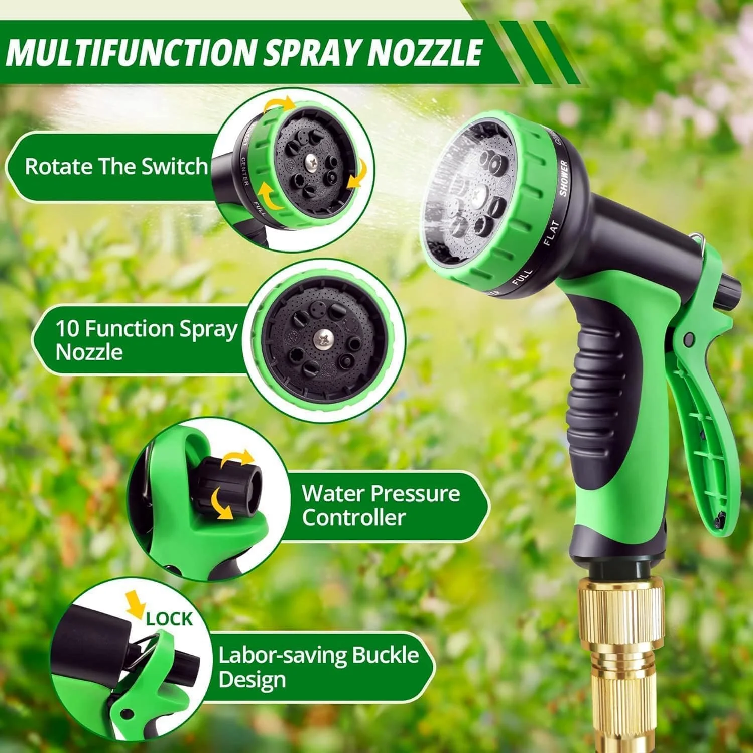 شیلنگ آب 23 متری ومارت با تفنگی آبپاش 10 حالته، شیلنگ باغبانی انعطاف پذیر و قابل افزایش طول، ضد نشت به همراه اتصالات و تفنگی آبپاش، مناسب برای باغبانی، شستشوی خودرو و حیوانات خانگی (سبز)