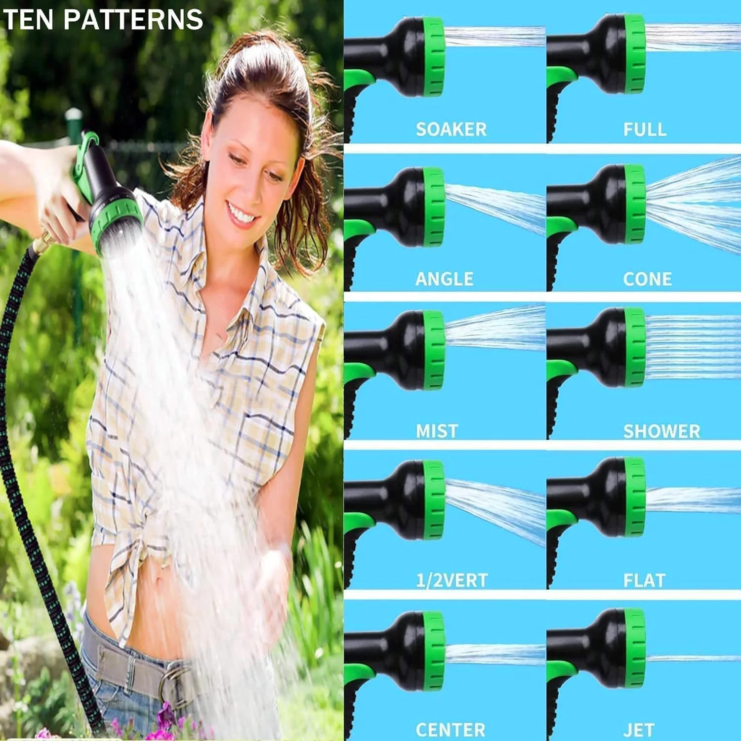 شیلنگ آب 23 متری ومارت با تفنگی آبپاش 10 حالته، شیلنگ باغبانی انعطاف پذیر و قابل افزایش طول، ضد نشت به همراه اتصالات و تفنگی آبپاش، مناسب برای باغبانی، شستشوی خودرو و حیوانات خانگی (سبز)