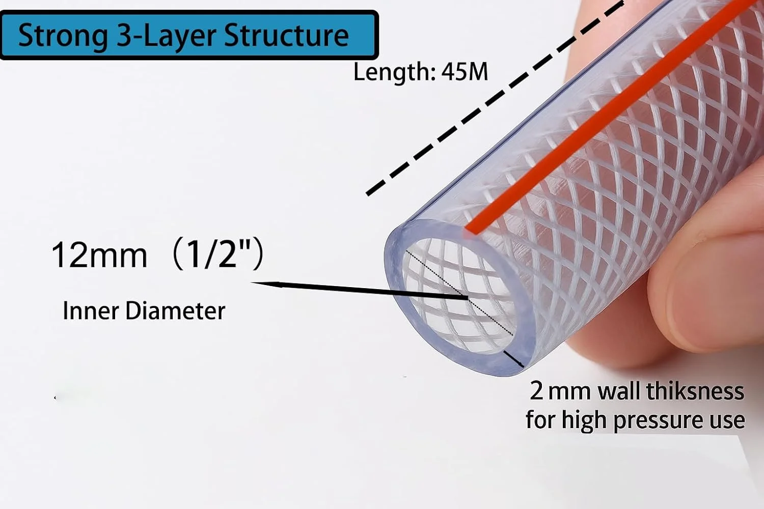 شلنگ تقویت شده با الیاف PVC سانرایز - لوله آب انعطاف پذیر سنگین 45 متری - مقاوم در برابر حرارت برای آب و هوای گرم - برای باغ، کارواش، استفاده در ساخت و ساز (قطر داخلی 1/2 اینچ (12 میلی متر))
