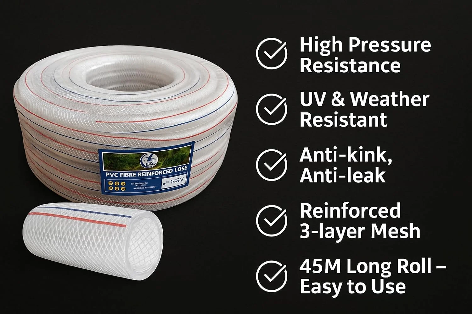 شلنگ تقویت شده با الیاف PVC سانرایز - لوله آب انعطاف پذیر سنگین 45 متری - مقاوم در برابر حرارت برای آب و هوای گرم - برای باغ، کارواش، استفاده در ساخت و ساز (قطر داخلی 1/2 اینچ (12 میلی متر))