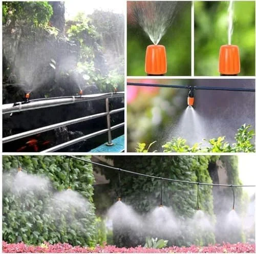 سیستم آبیاری باغ RUQIWEMI، لوله شلنگ آبیاری 50 متری، نازل های اسپری قابل تنظیم 1/4 اینچی، مناسب برای خنک کننده آب باغ، نازل آبپاش اسپری، مناسب برای آبیاری قطره ای (لوله آب 50 متری)
