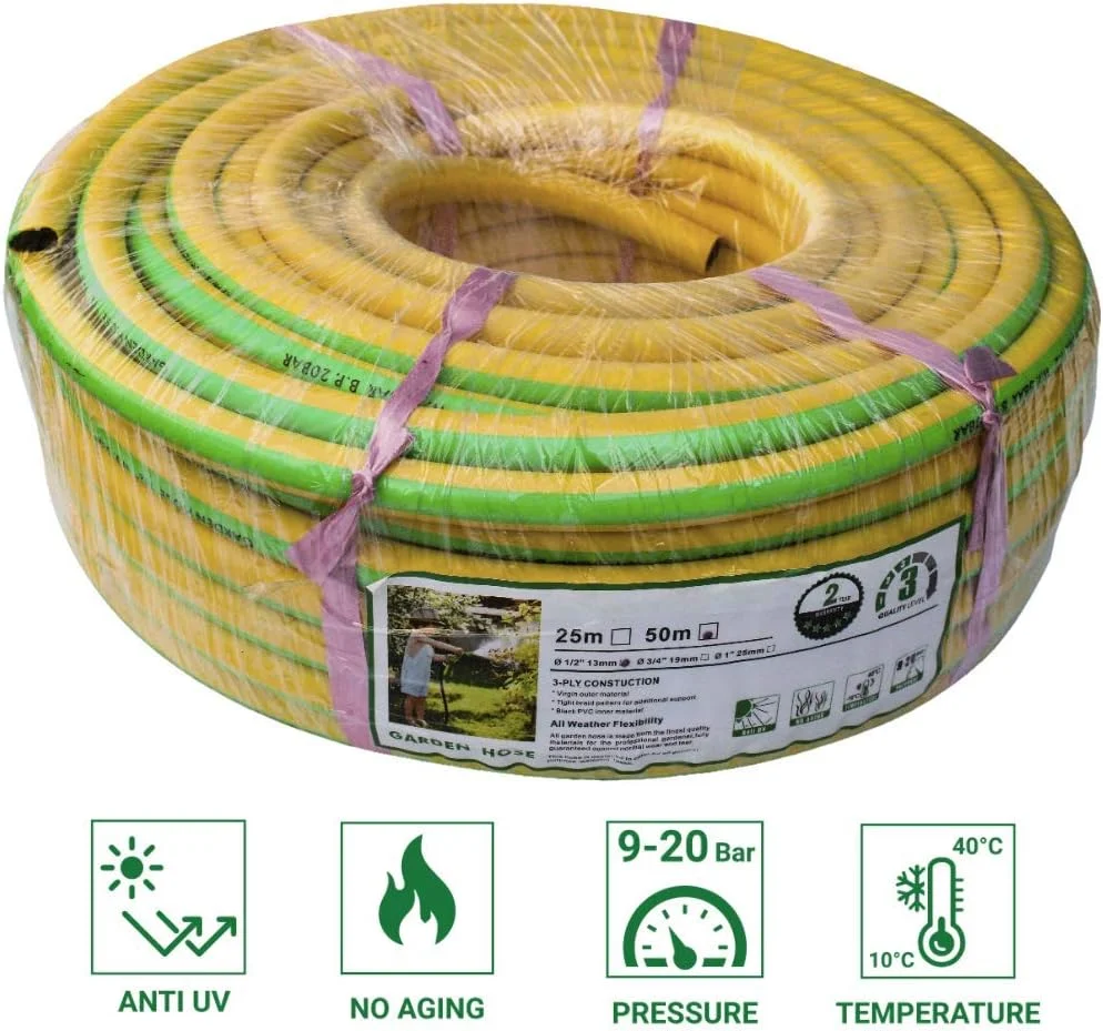 شلنگ آب باغبانی پی وی سی ممتاز گرین گلو، لوله تقویت شده سه لایه، زرد (50، 1/2 اینچ)