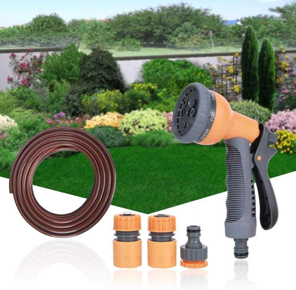 شلنگ آب خانگی کشاورزی 10 متری OUKA G1/2 اینچ، لوله آب ضد انفجار با اسپری و اتصال دهنده 4 اثر اتمیزه/ضد انفجار/ضد یخ برای آبیاری چمن، ماشین و سگ