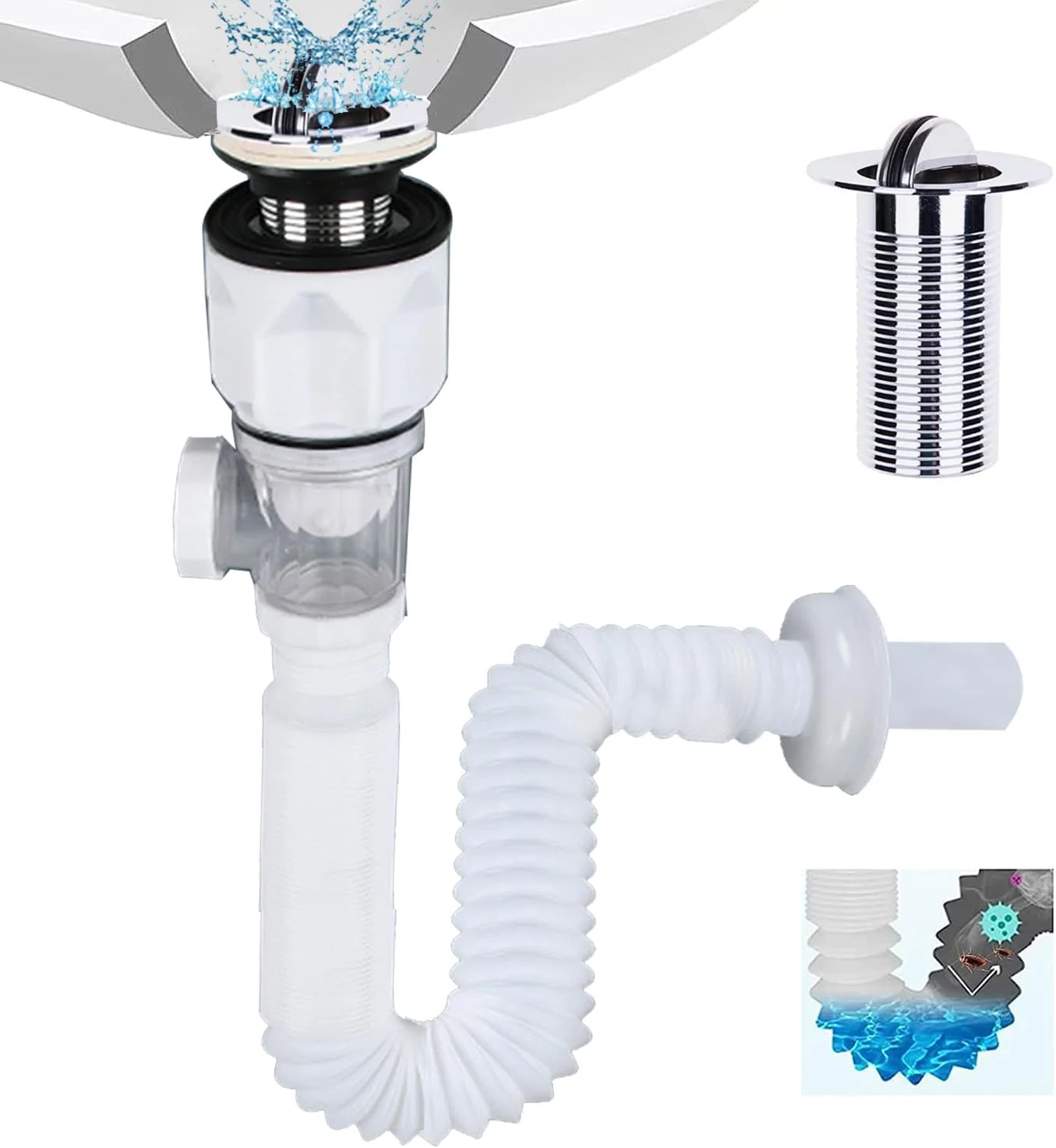 کیت تخلیه سینک حمام Yoawllty با لوله S انعطاف پذیر و قابل گسترش، لوله تخلیه سینک حمام ضد بو (سفید)