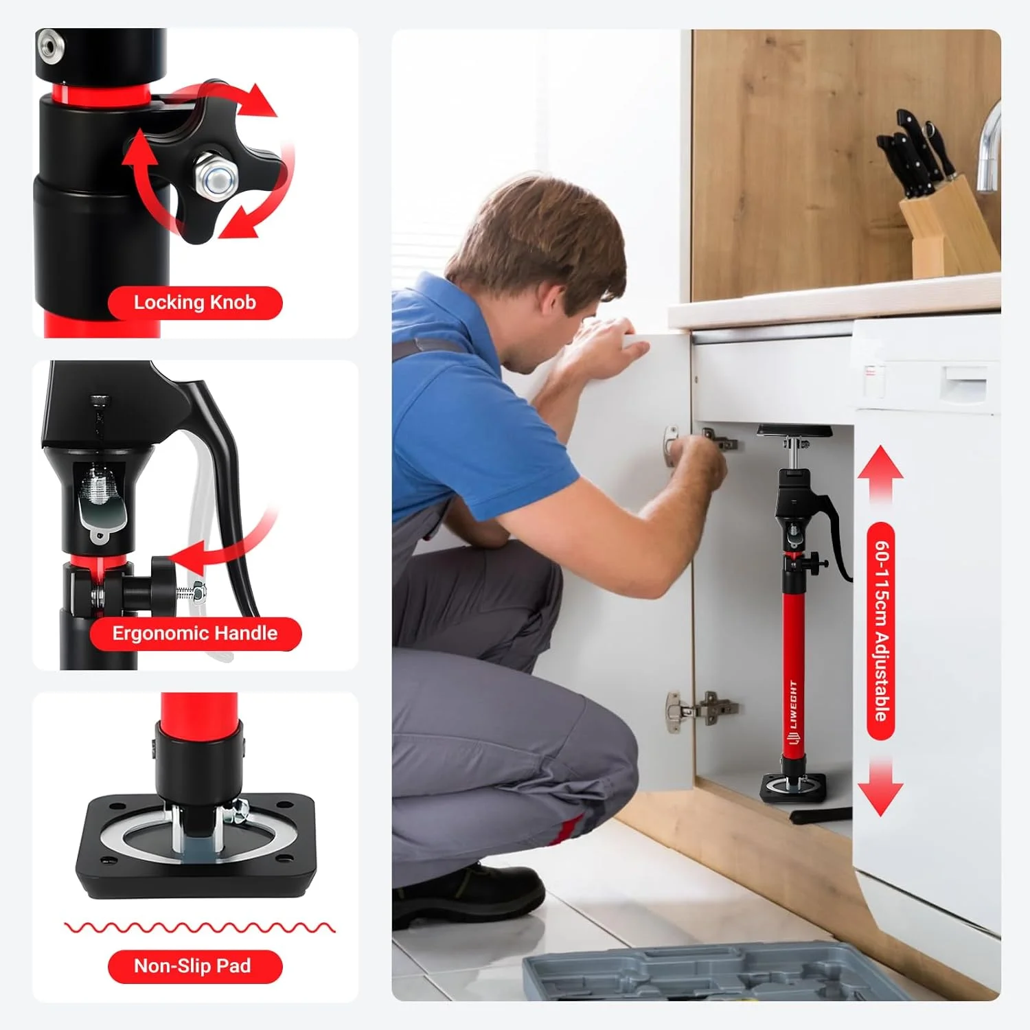 پک 2 عددی جک کابینت LIWEGHT، میله نگهدارنده تلسکوپی ارتقا یافته، ابزار دست سوم با ارتفاع قابل تنظیم، بالابر مبلمان، برای نجاری، نصب دیوار خشک، نصب کابینت بالایی، پروژه های DIY (60-115 سانتی متر)