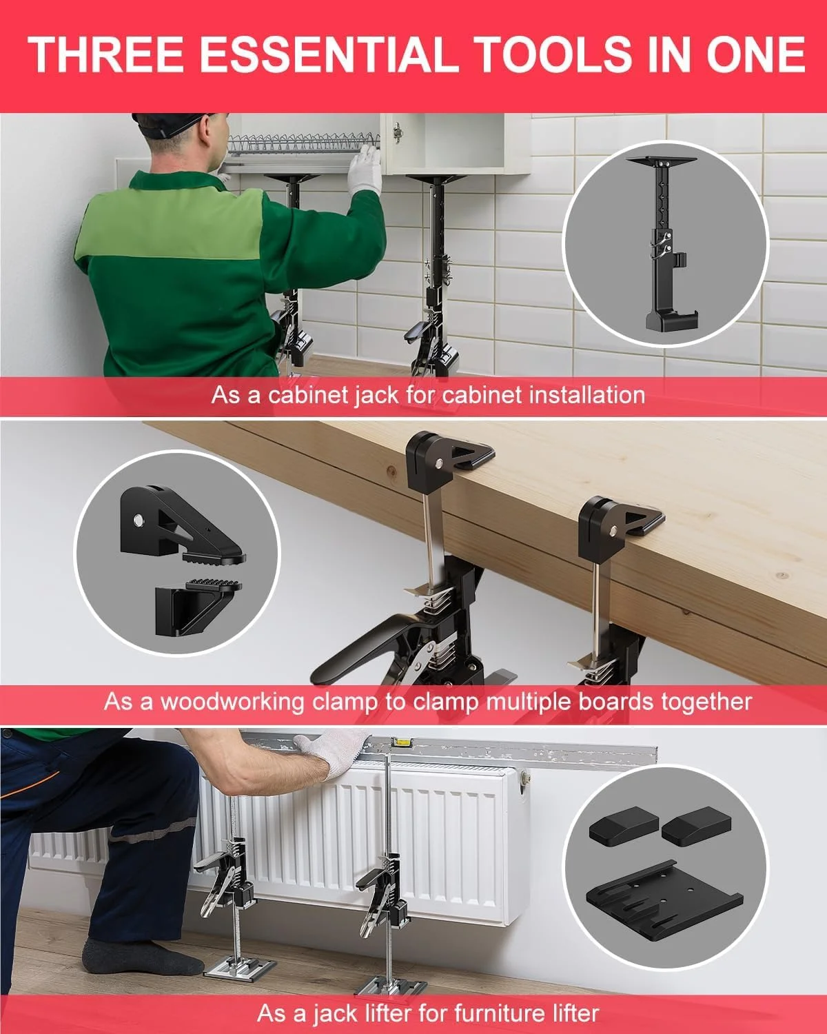 جک کابینت MAKINGTEC برای نصب کابینت، بسته 2 عددی، ابزار جک بالابر دستی چند منظوره با قابلیت تنظیم ارتفاع 0 تا 23.4 اینچ، سیستم پشتیبانی دست سوم