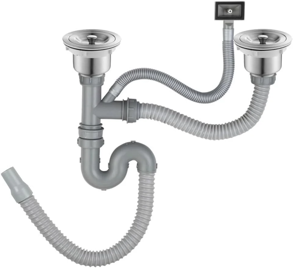 کیت تخلیه سینک ظرفشویی دوقلو با صافی، لوله سرریز و شلنگ انعطاف پذیر، خاکستری