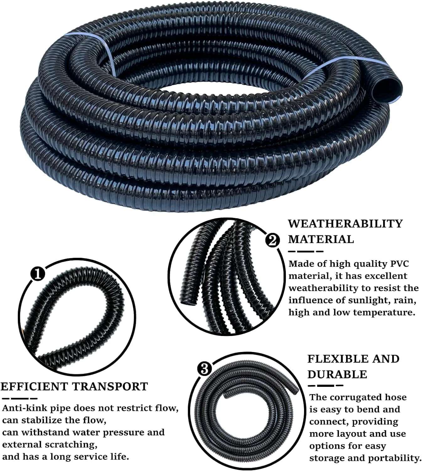 لوله خرطومی انعطاف پذیر حوضچه 1.5 اینچ در 10 فوت با بست، شلنگ تخلیه پمپ لجن کش PVC برای حوضچه های باغ، آبشارها، کمپینگ، کاروان ها، فیلترها