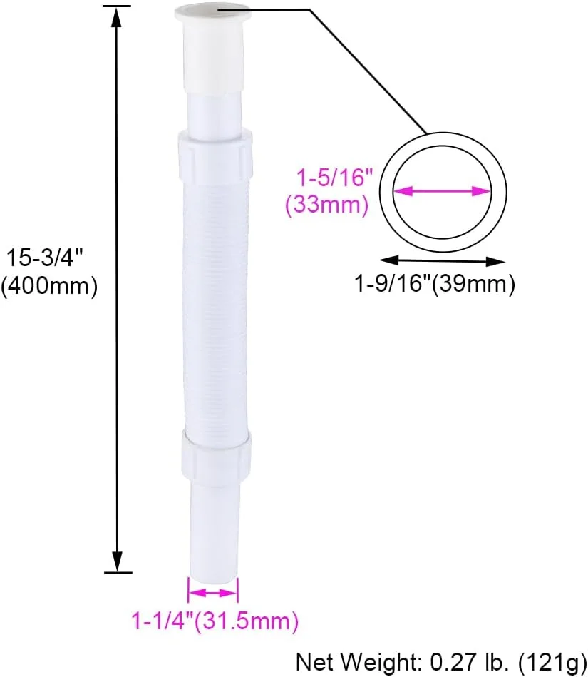 لوله تخلیه انعطاف پذیر ساده زاویه دار، شلنگ توسعه انعطاف پذیر 1-1/4، لوله توسعه یافته سینک حمام، لوله انتهایی سینک روشویی، لوله انتهایی برای سینک کاسه ای، طول 14-9/16 تا 33-1/16