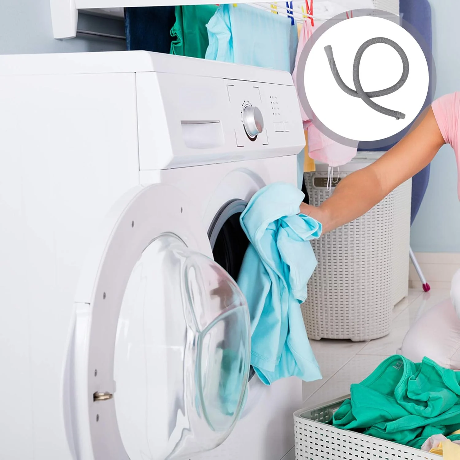 لوله تخلیه ماشین لباسشویی، لوازم جانبی شلنگ های راه راه، سازگار با لوله های جهانی لوازم خانگی، مناسب برای اکثر نصب ها و ماشین های ضخیم شده، جایگزین لوله تخلیه آب خانگی