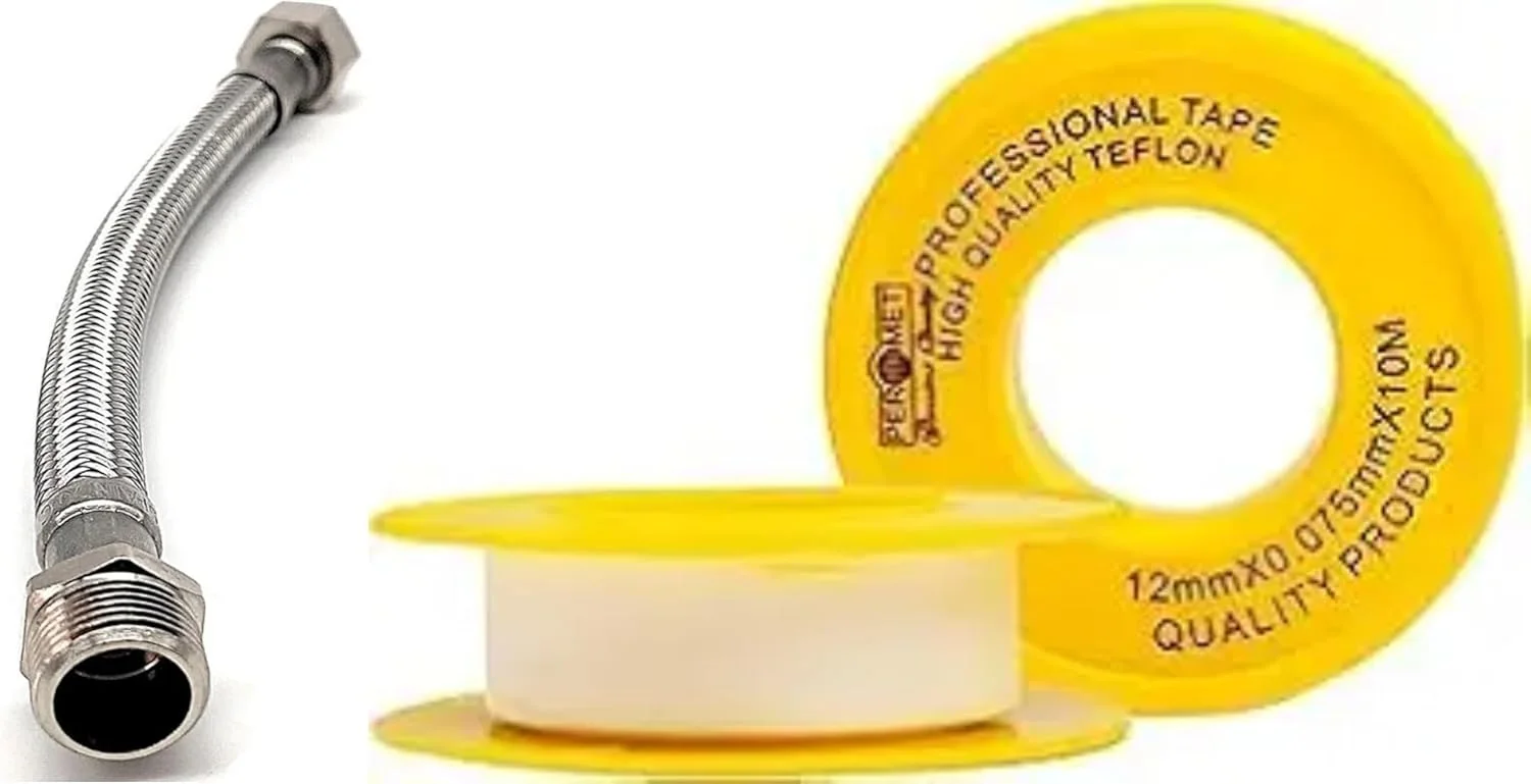 لوله خرطومی استیل انعطاف پذیر نر و ماده عباسعلی سایز 1/2 اینچ با نوار تفلون (40 سانتی متر)