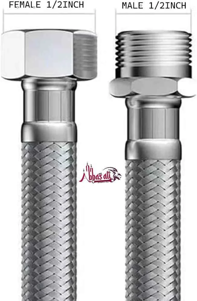 لوله خرطومی استیل انعطاف پذیر نر و ماده عباسعلی سایز 1/2 اینچ با نوار تفلون (40 سانتی متر)