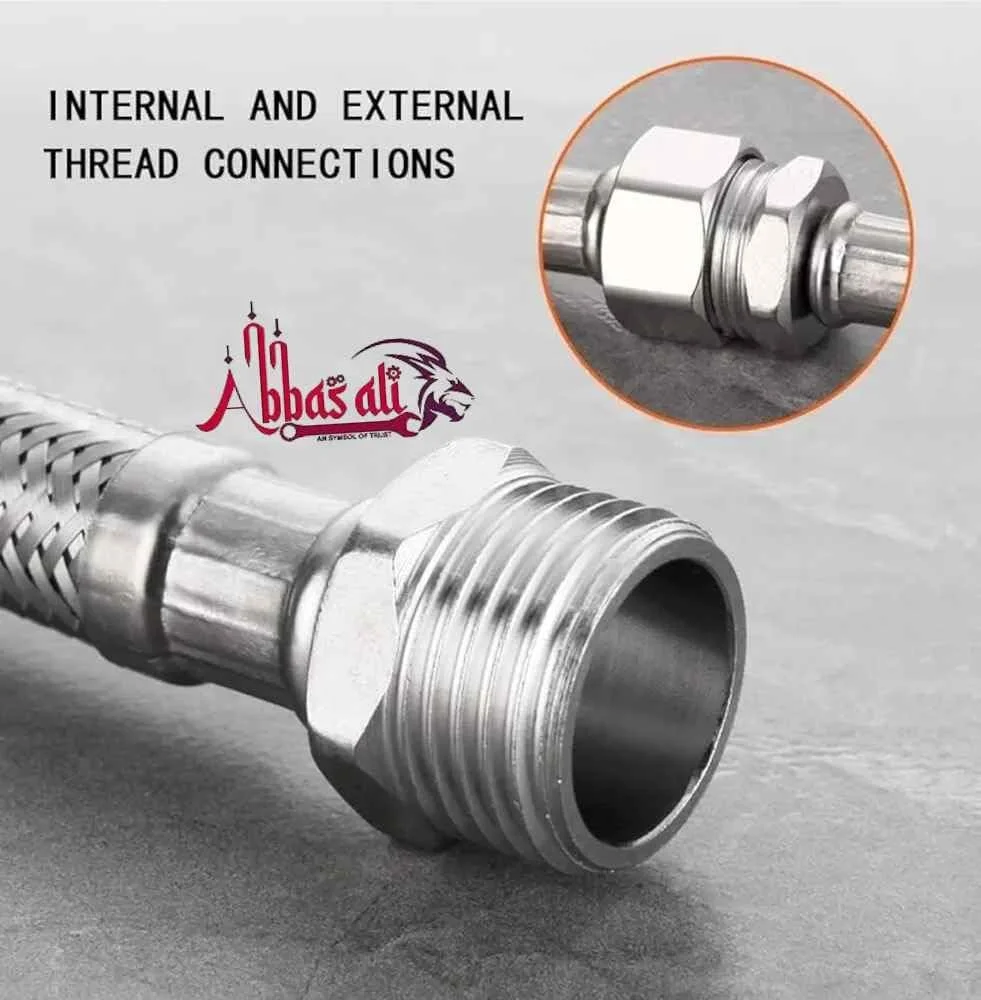لوله خرطومی استیل انعطاف پذیر نر و ماده عباسعلی سایز 1/2 اینچ با نوار تفلون (40 سانتی متر)