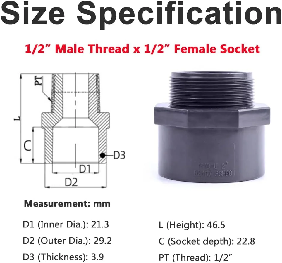 اتصال دهنده رزوه ای لوله UPVC، اتصالات لوله U-PVC خاکستری ANSI SCH80 درجه صنعتی 1/2 اینچ (رزوه نر x سوکت)