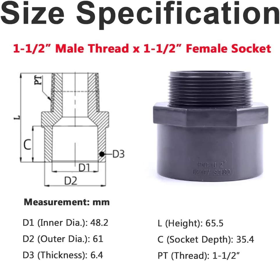 اتصال دهنده رزوه ای لوله UPVC، اتصالات لوله U-PVC خاکستری ANSI SCH80 درجه صنعتی، آداپتور اتصال دهنده رزوه ای نر x سوکت (φ48.25mm)