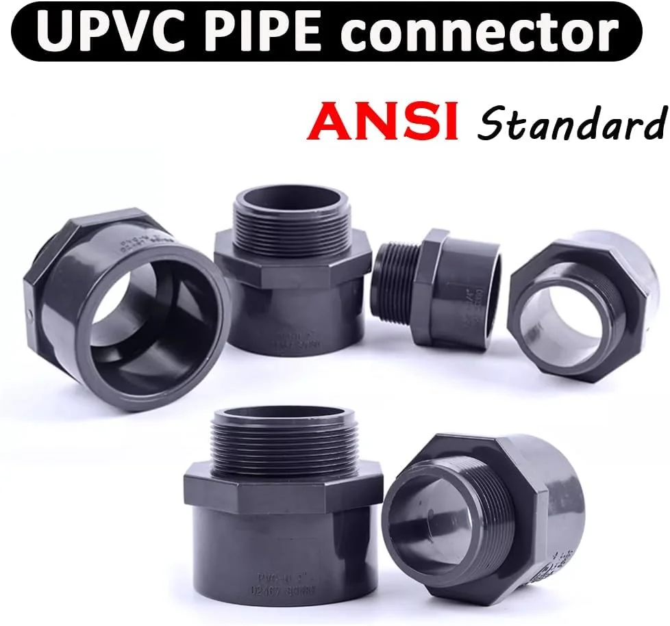 اتصال دهنده رزوه ای لوله UPVC، اتصالات لوله U-PVC خاکستری ANSI SCH80 درجه صنعتی، آداپتور اتصال دهنده رزوه ای نر x سوکت (φ48.25mm)