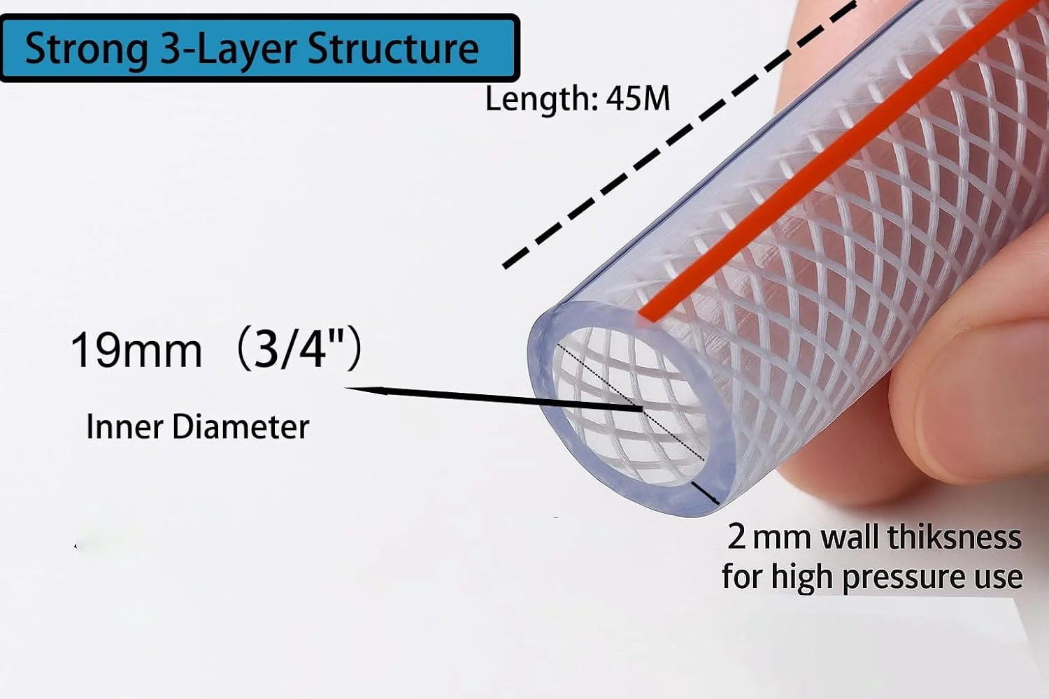 شیلنگ تقویت شده با الیاف پی وی سی سانرایز - لوله آب انعطاف پذیر سنگین 45 متری - مقاوم در برابر حرارت برای آب و هوای گرم - برای باغ، کارواش، استفاده در ساخت و ساز (قطر داخلی 3/4 اینچ (19 میلی متر))
