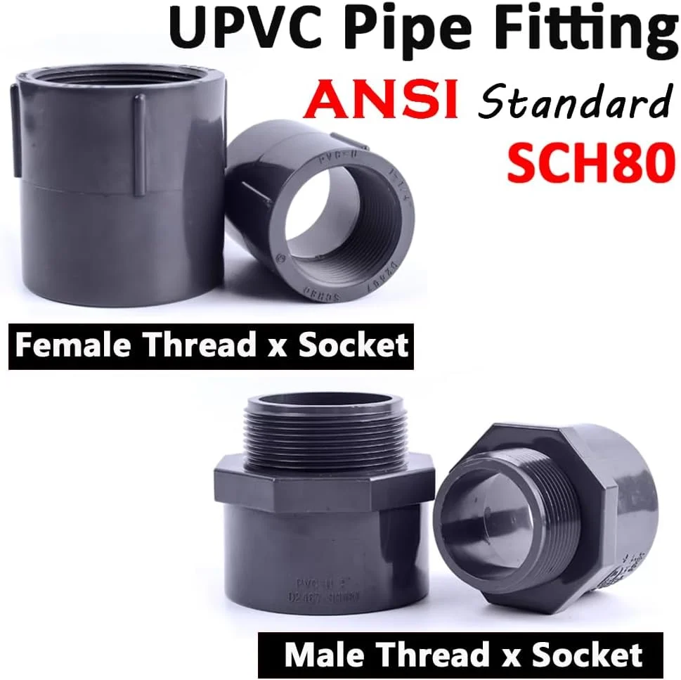 اتصال دهنده رزوه ای لوله UPVC، اتصالات لوله U-PVC خاکستری ANSI SCH80 درجه صنعتی 1/2 اینچ (رزوه نر x سوکت)