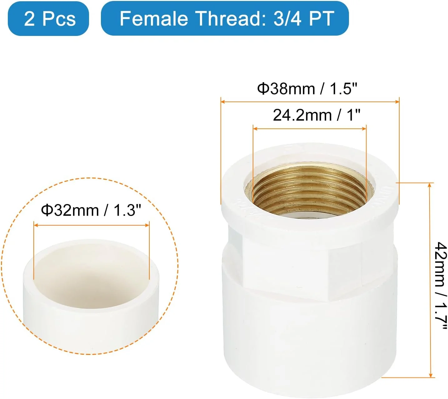اتصالات لوله پی وی سی، سایز 32 میلی متر، 2 عدد، تبدیل مادگی رزوه ای برنجی 3/4 اینچ، آداپتور اتصال شلنگ برای لوله کشی فاضلاب خانگی و آبیاری، سفید