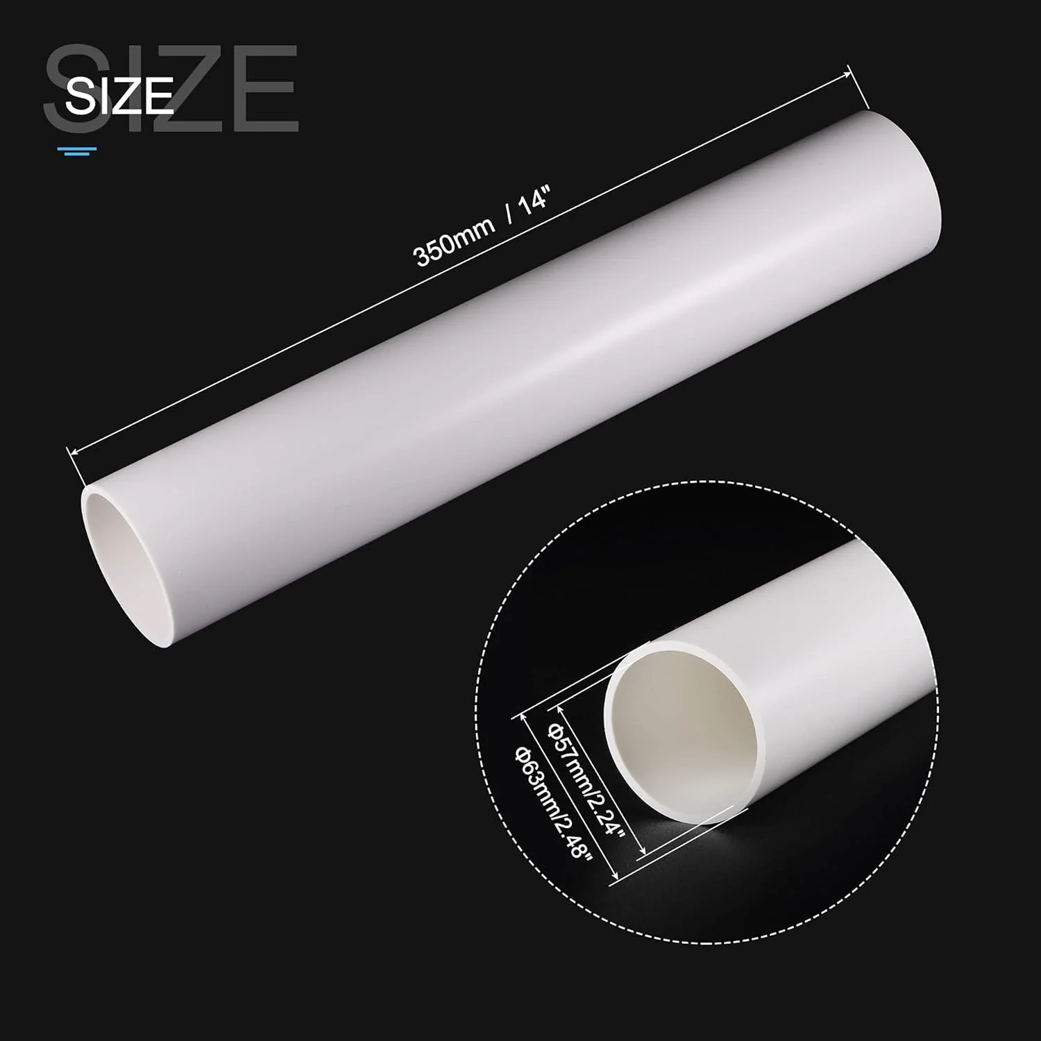لوله گرد سخت PVC سورسینگ مپ، قطر داخلی 57 میلی‌متر، قطر خارجی 63 میلی‌متر، طول 0.35 متر، سفید، مقاوم در برابر ضربه، مناسب برای لوله آب و صنایع دستی